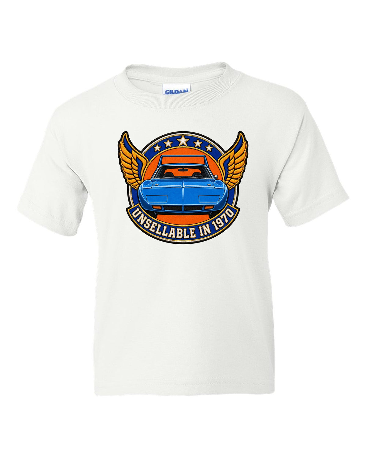 Embroidery-style varsity crest for the 1970 Plymouth Superbird with unsellable in 1970 text white kids tee front view with the design