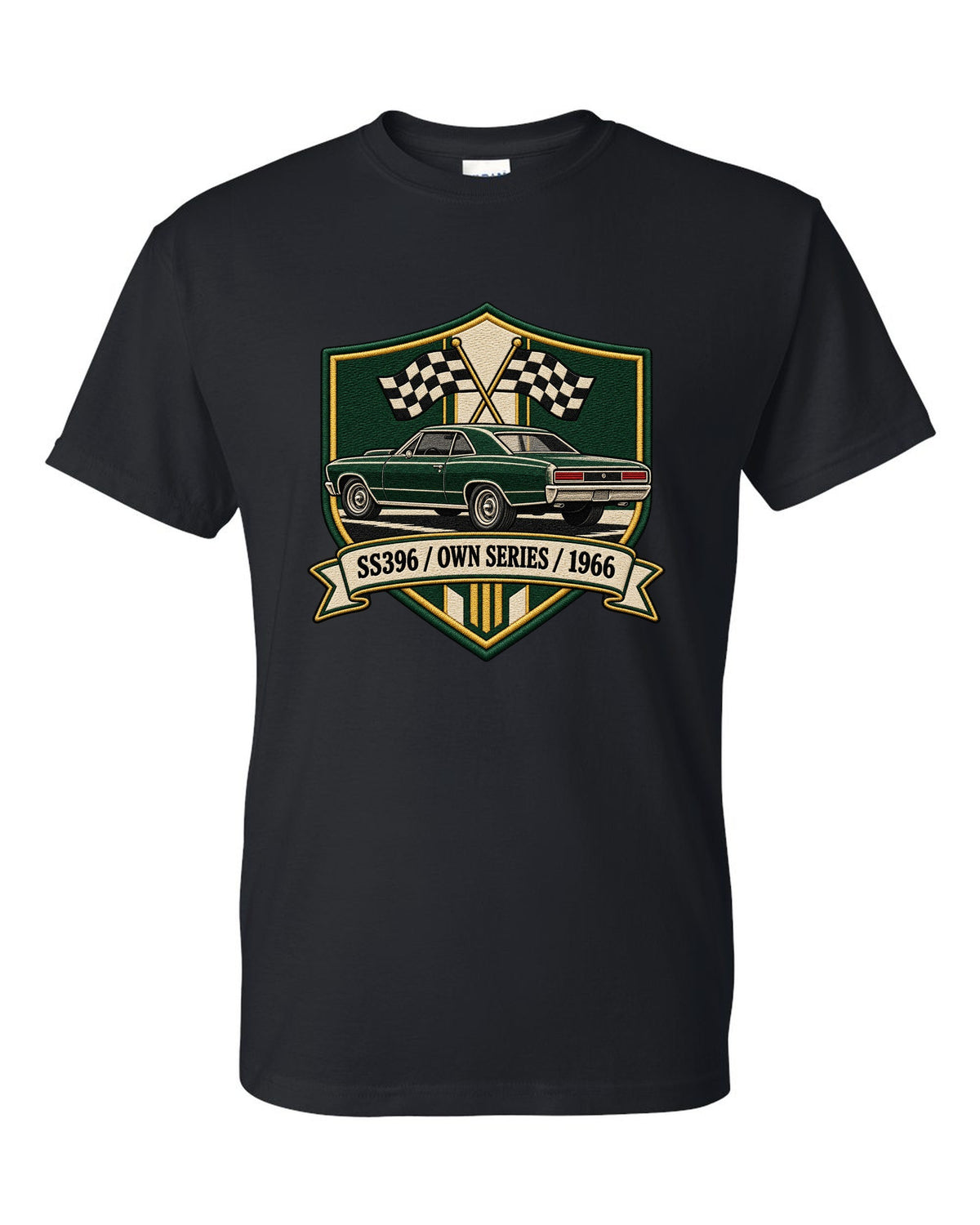 1966 Chevelle SS396 in an embroidery-style shield with text SS396 Own Series 1966 black t-shirt front view with the design