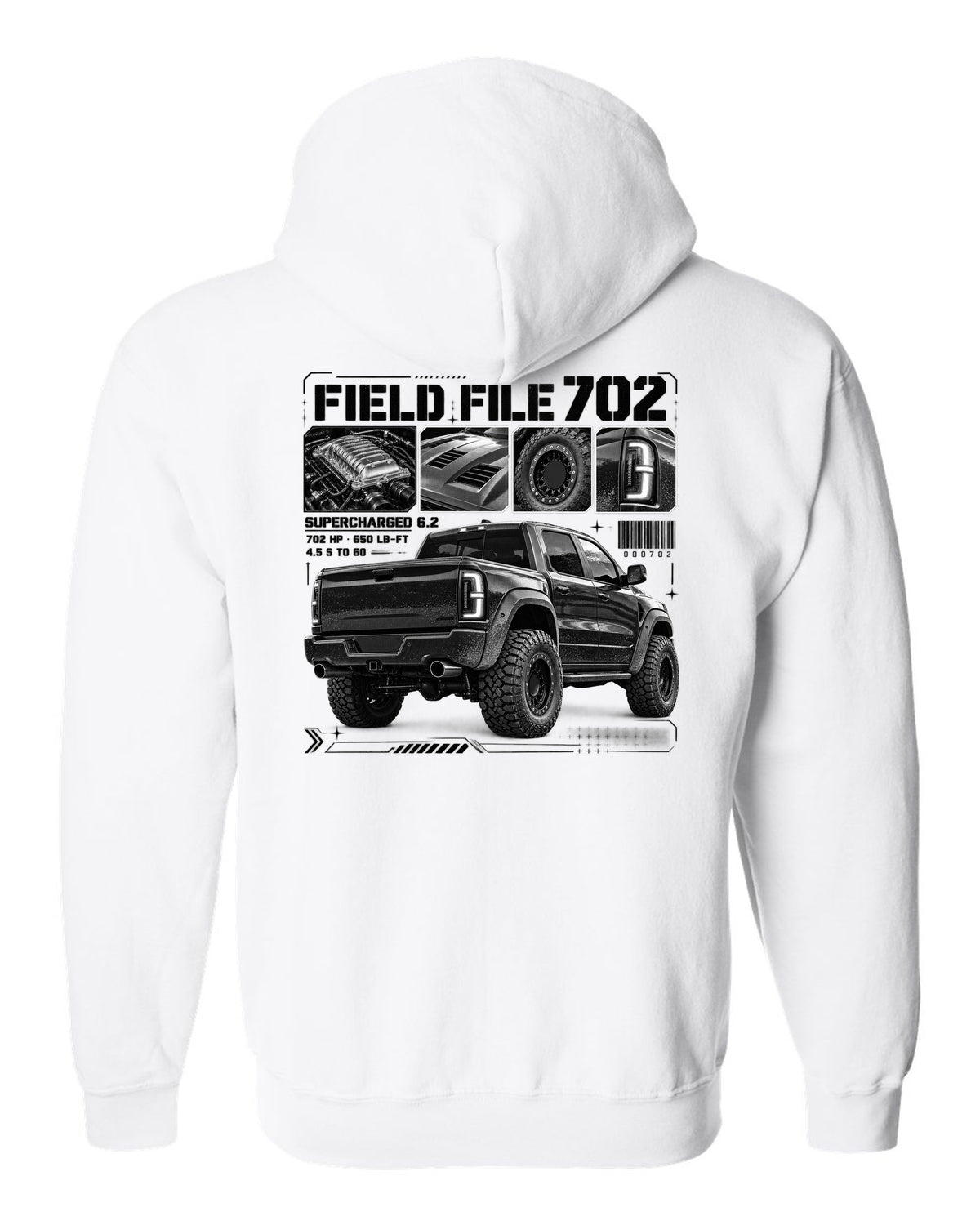 Dossier panels of a 2021-2024 Ram 1500 TRX with Field File 702, supercharged 6.2, 4.5 s to 60 white zip hoodie back view with the design