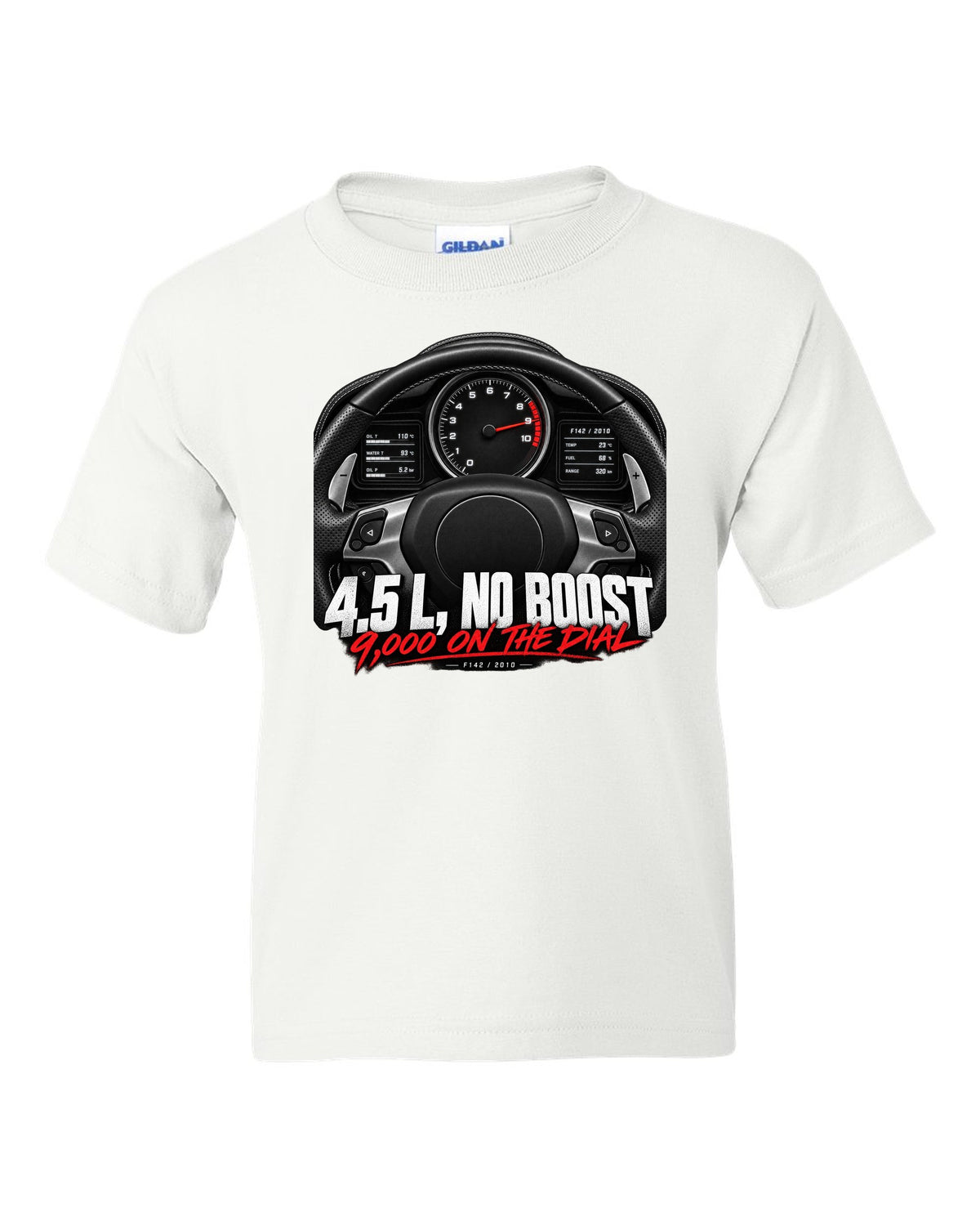 Cockpit gauge print of a Ferrari 458 Italia instrument cluster with 9,000 on the dial white kids tee front view with the design