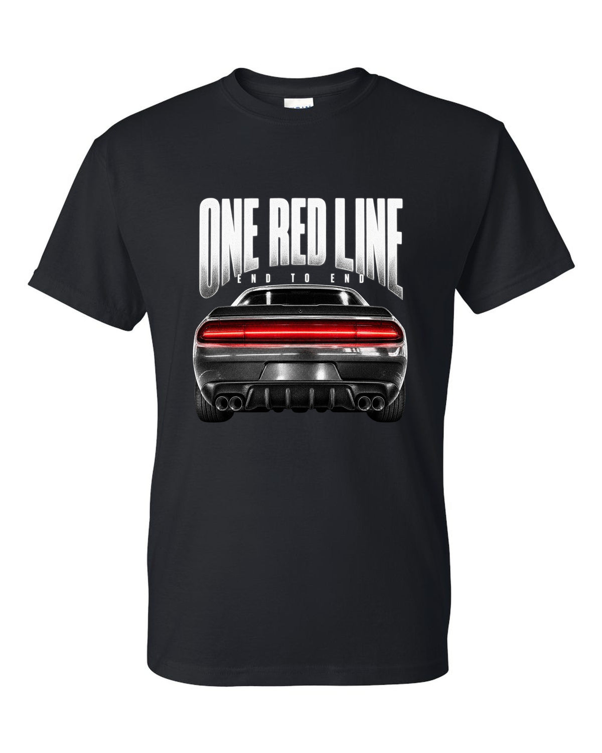 Taillight macro print of a 2015 Dodge Challenger Scat Pack with a single red line black t-shirt front view with the design