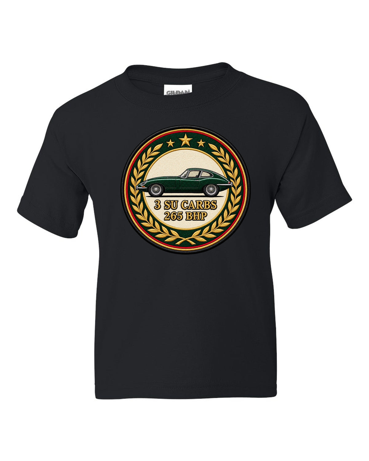 Varsity embroidery-style long bonnet print for the 1961 Jaguar E-Type Series 1 with 3 SU carbs and 265 bhp lettering black kids tee front view with the design