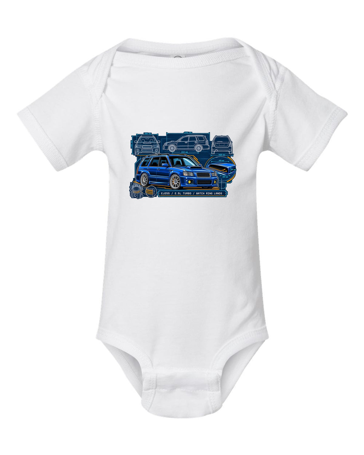 Technical blueprint of a Subaru Forester SG9 with hood scoop and EJ255 2.5L turbo text white baby onesie front view with the design