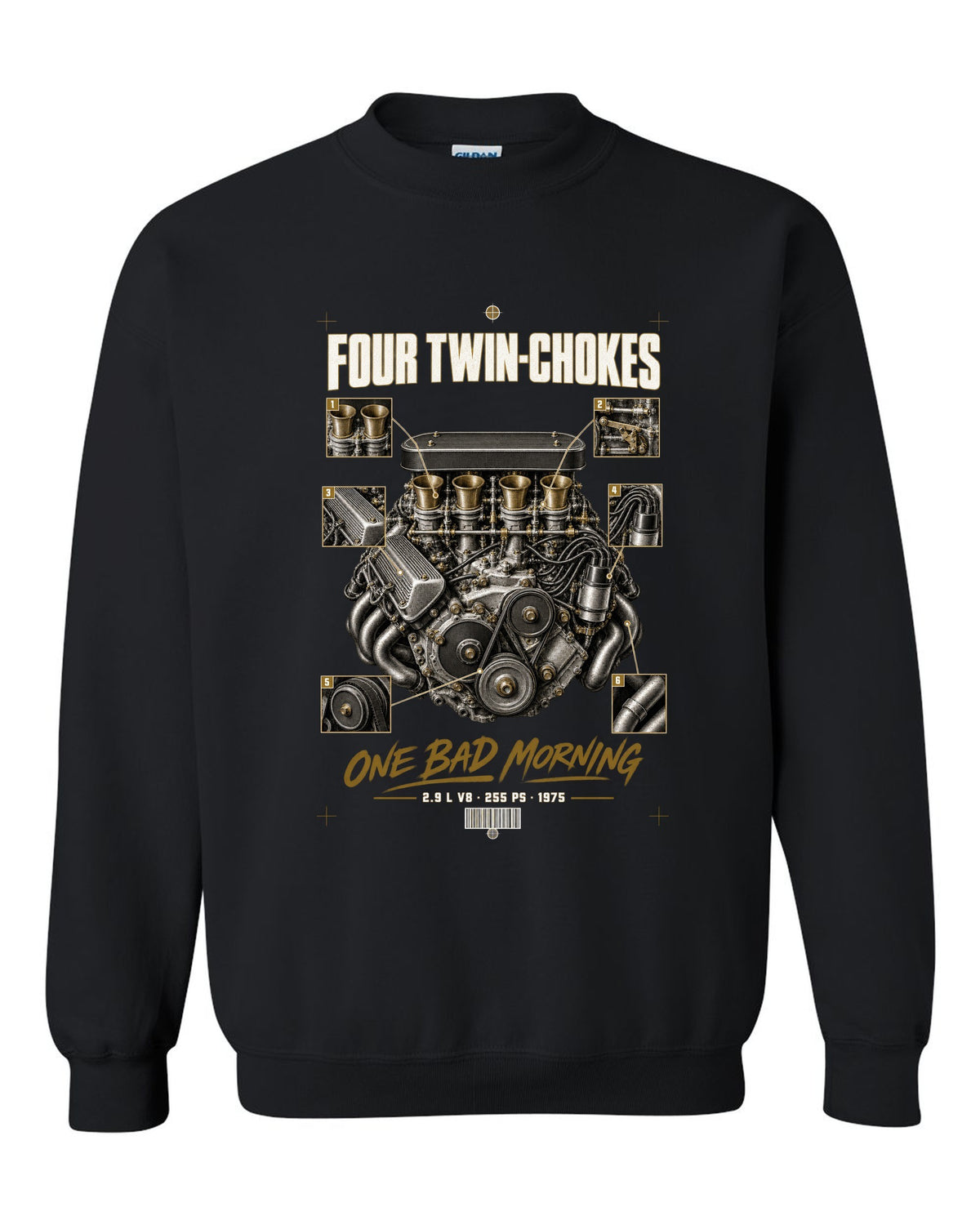 Ferrari 308 GTB 1975 engine print, four twin-choke carbs, 2.9 L V8, 255 PS black crewneck front view with the design