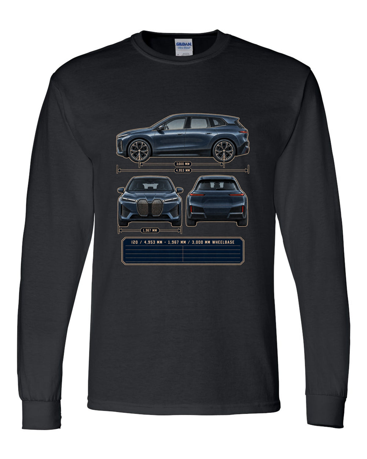 Three-view drawing and spec table print of the BMW iX M60 I20 black long sleeve front view with the design