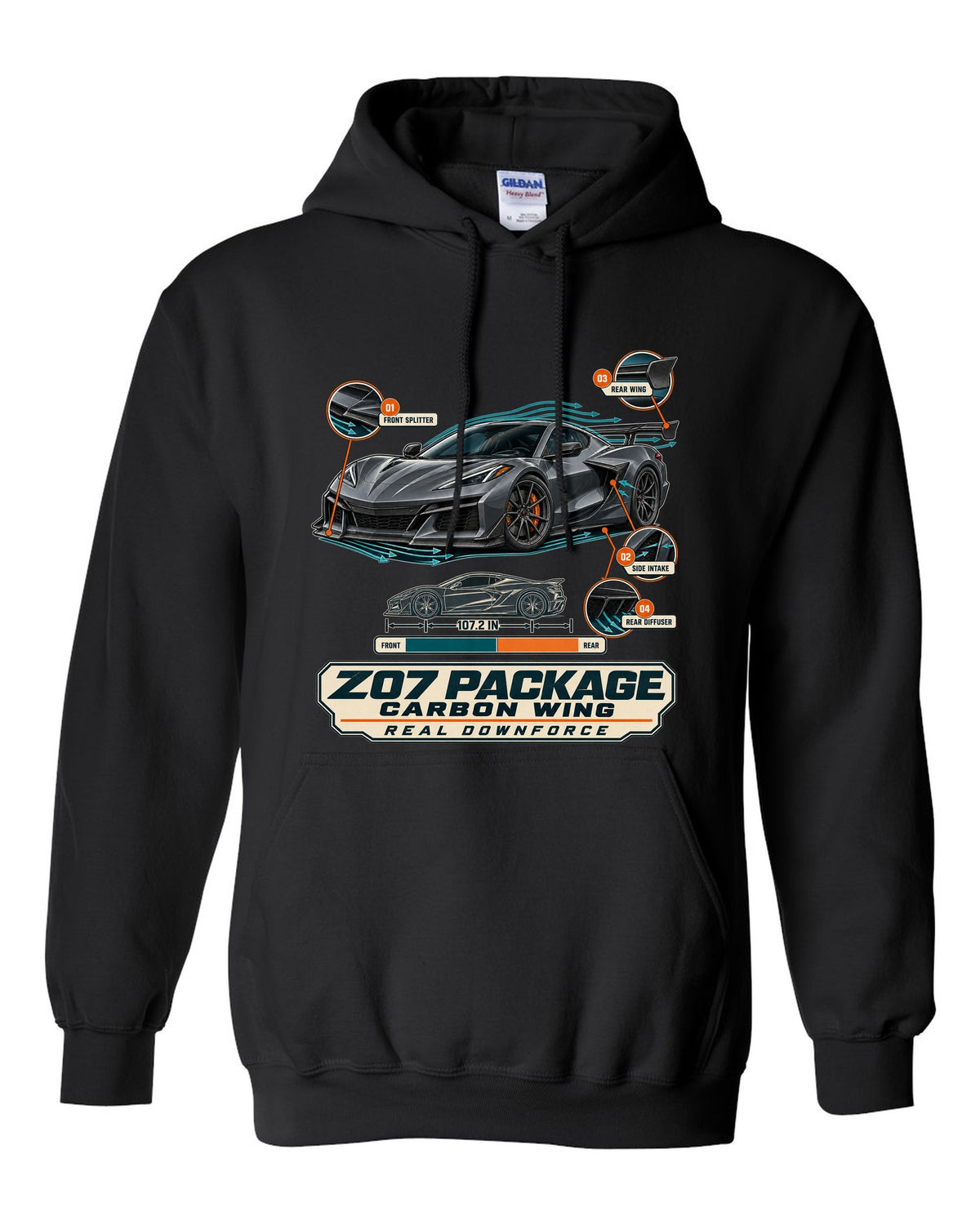 Aero callouts print of a Chevrolet Corvette C8 Z06 with Z07 package and carbon wing black pull over hoodie front view with the design