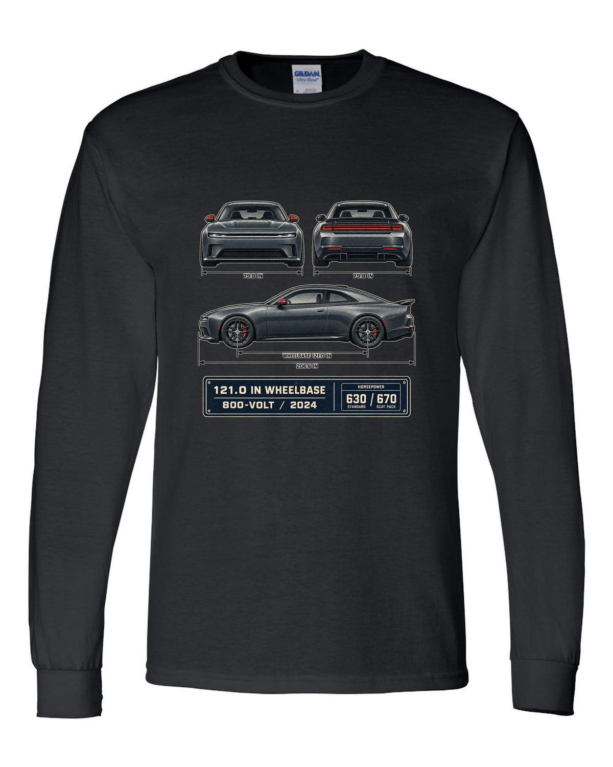 Dodge Charger Daytona Scat Pack 2024 dimension blueprint print black long sleeve front view with the design