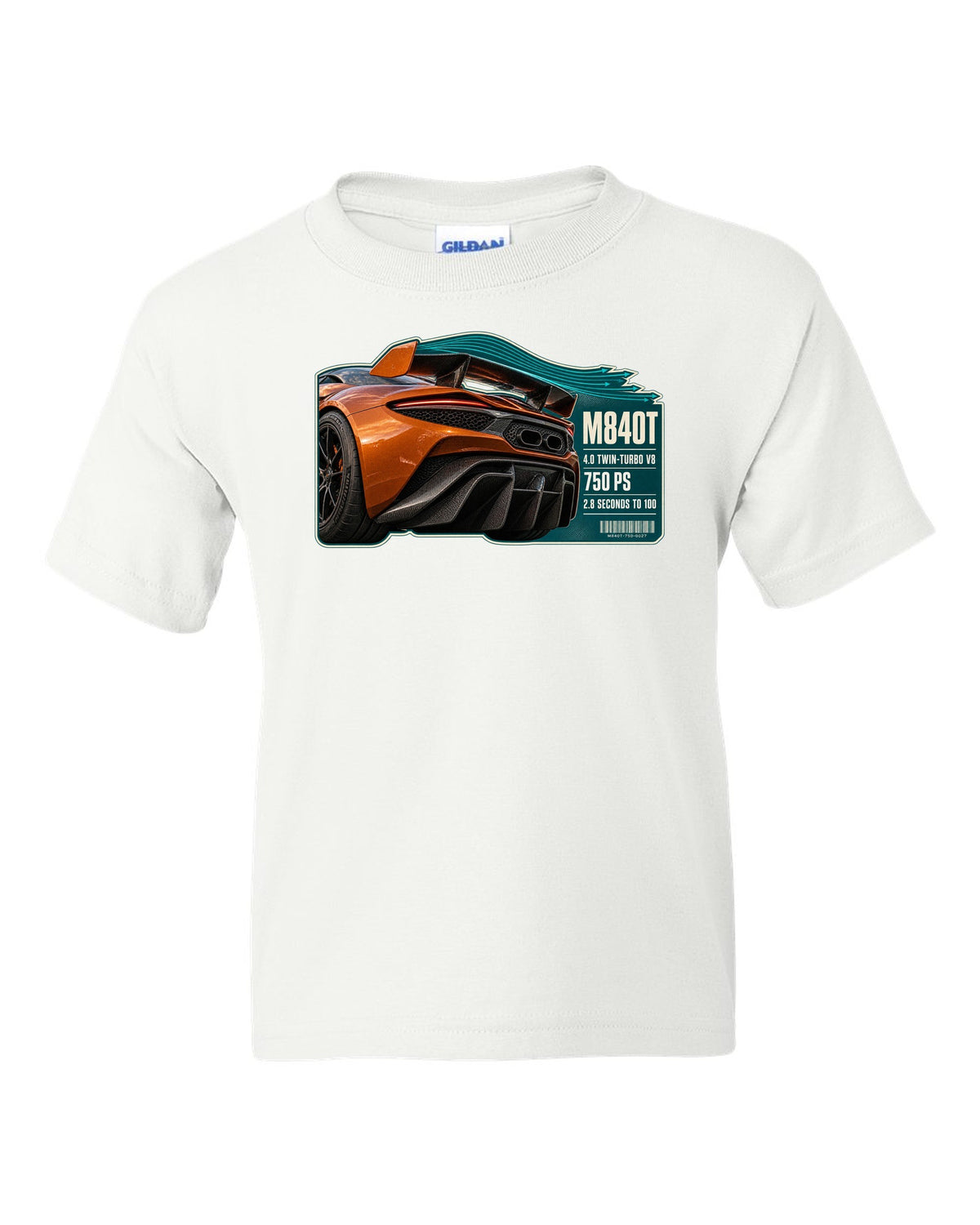 print taillight close-up of a McLaren 750S in burnt orange white kids tee front view with the design