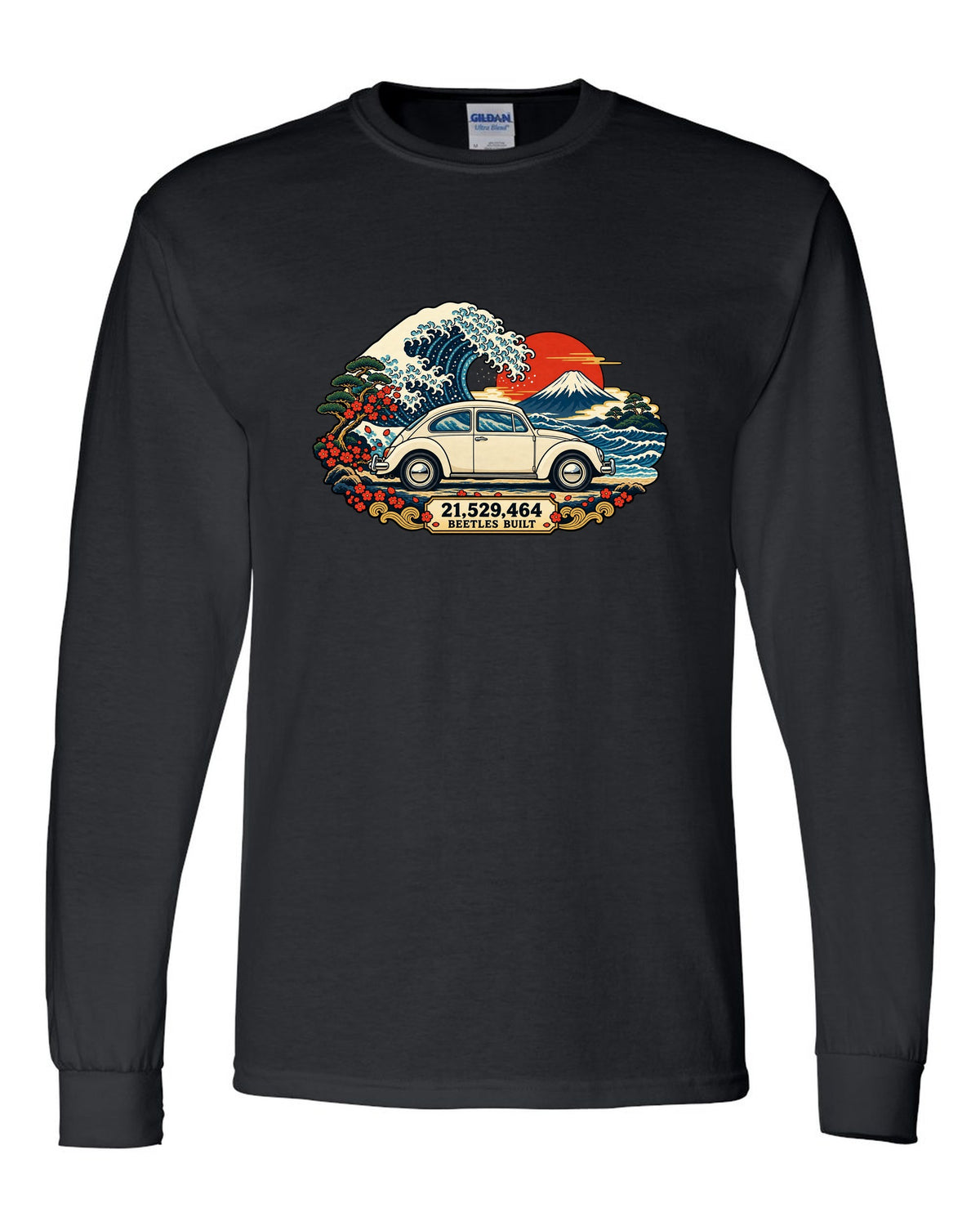 Ukiyo-e woodblock wave print of a VW Beetle Type 1 with 21,529,464 Beetles built text black long sleeve front view with the design