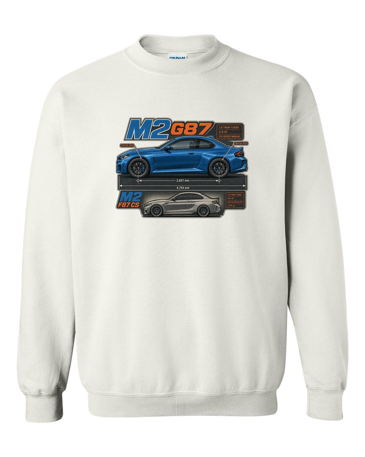BMW M4 G82 coupe dimension blueprint print with 473 hp and six-speed manual white crewneck front view with the design