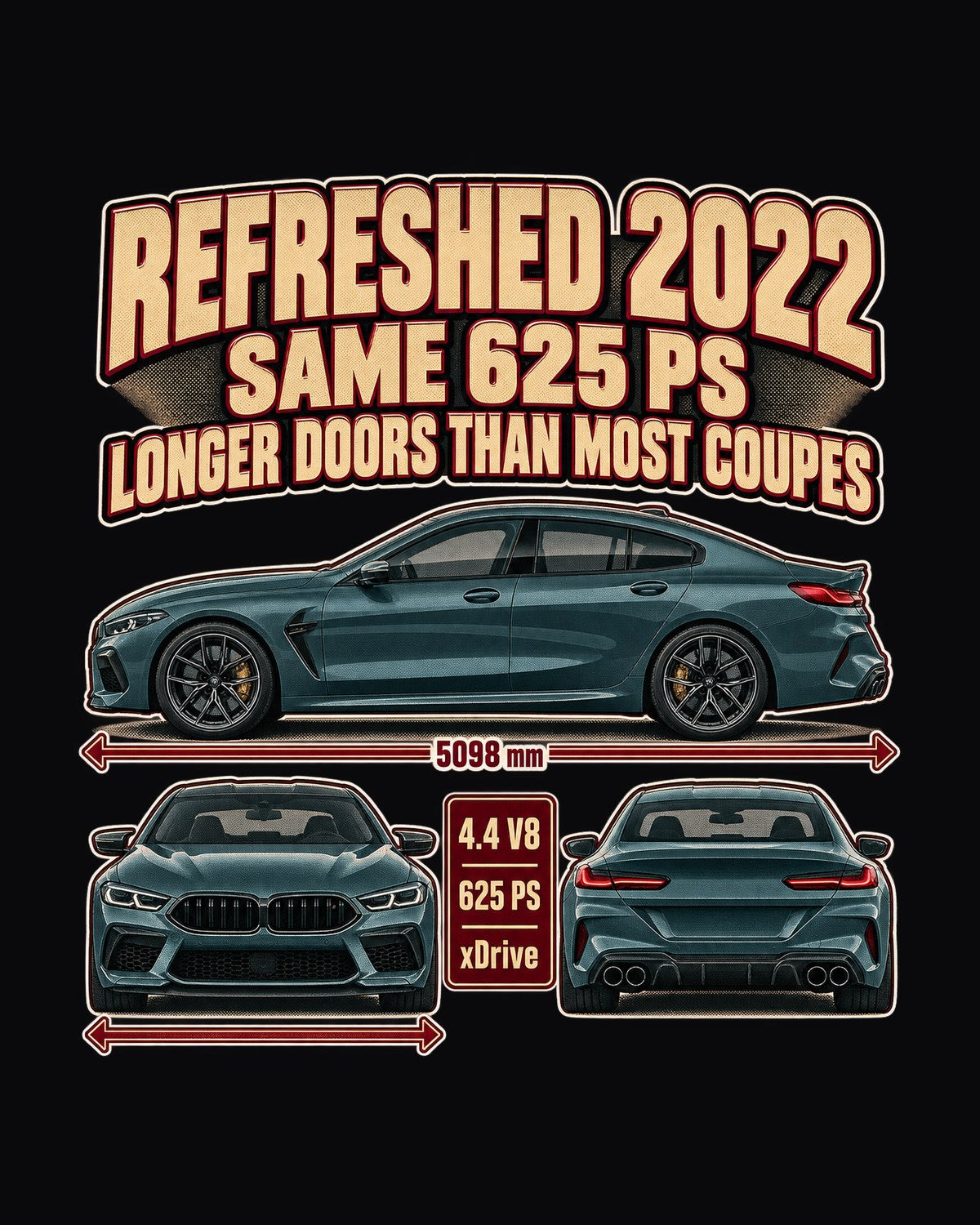 BMW M8 Gran Coupe F93 2022 Three-View print Tee design only