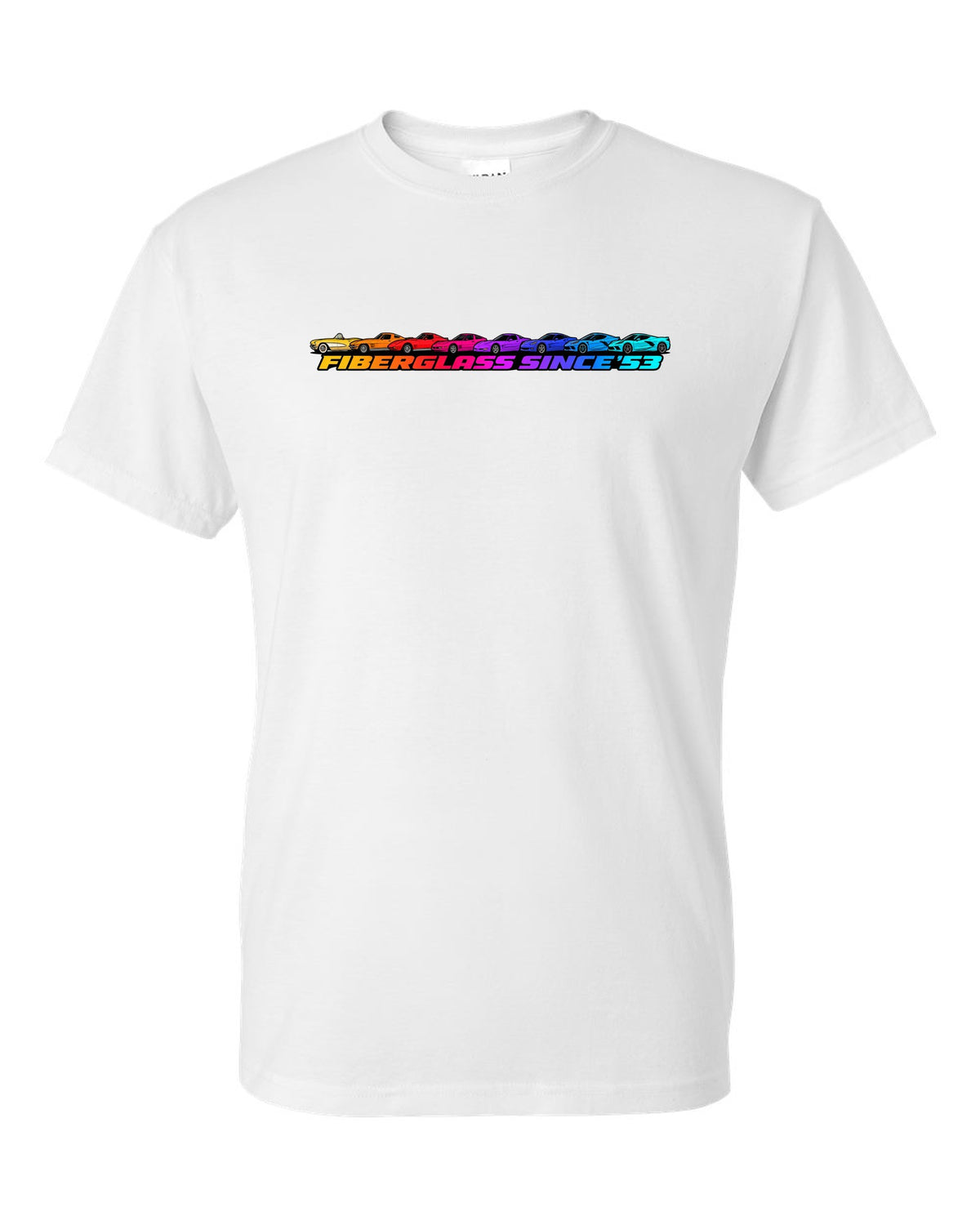 Flat gradient silhouette lineup of eight Chevrolet Corvette generations C1 to C8 with Fiberglass Since '53 text white t-shirt front view with the design