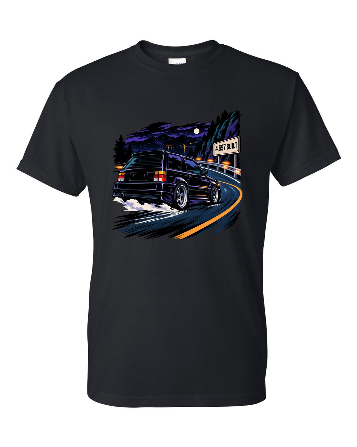 Cel-shaded 90s anime night touge scene with a 1992-93 GMC Typhoon and 4,697 BUILT text black t-shirt front view with the design