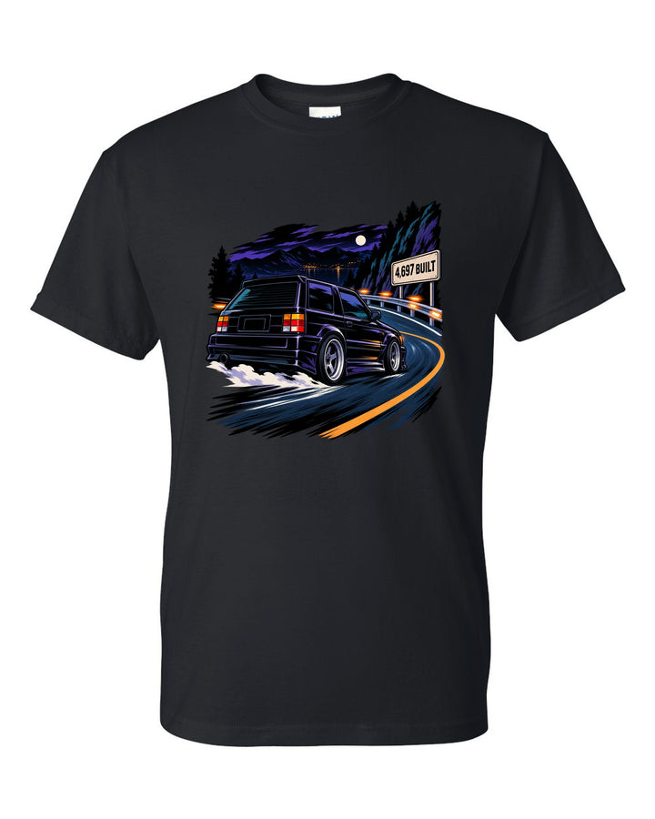 Cel-shaded 90s anime night touge scene with a 1992-93 GMC Typhoon and 4,697 BUILT text black t-shirt front view with the design