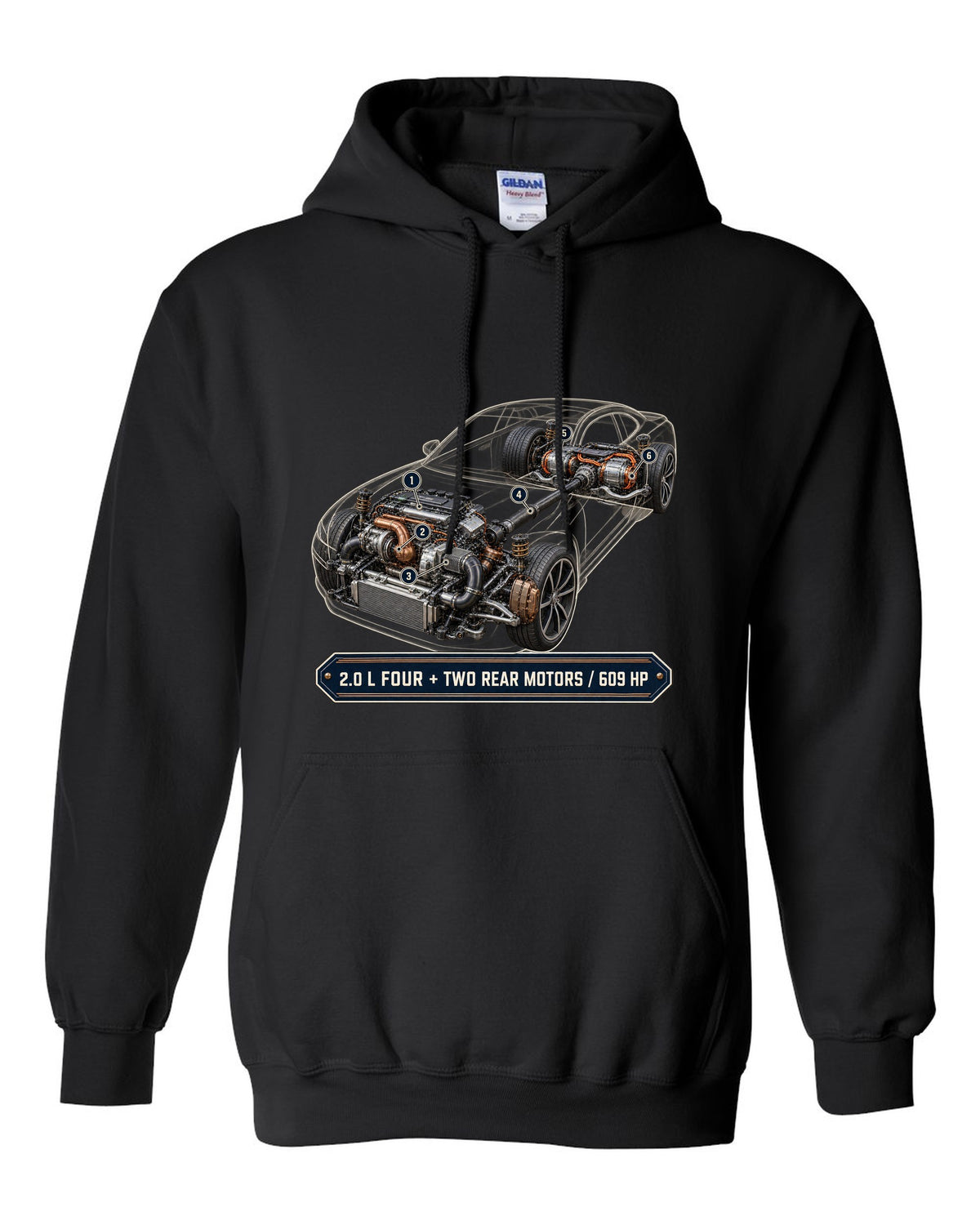 Polestar 1 hybrid drivetrain illustration, engine hero print black pull over hoodie front view with the design