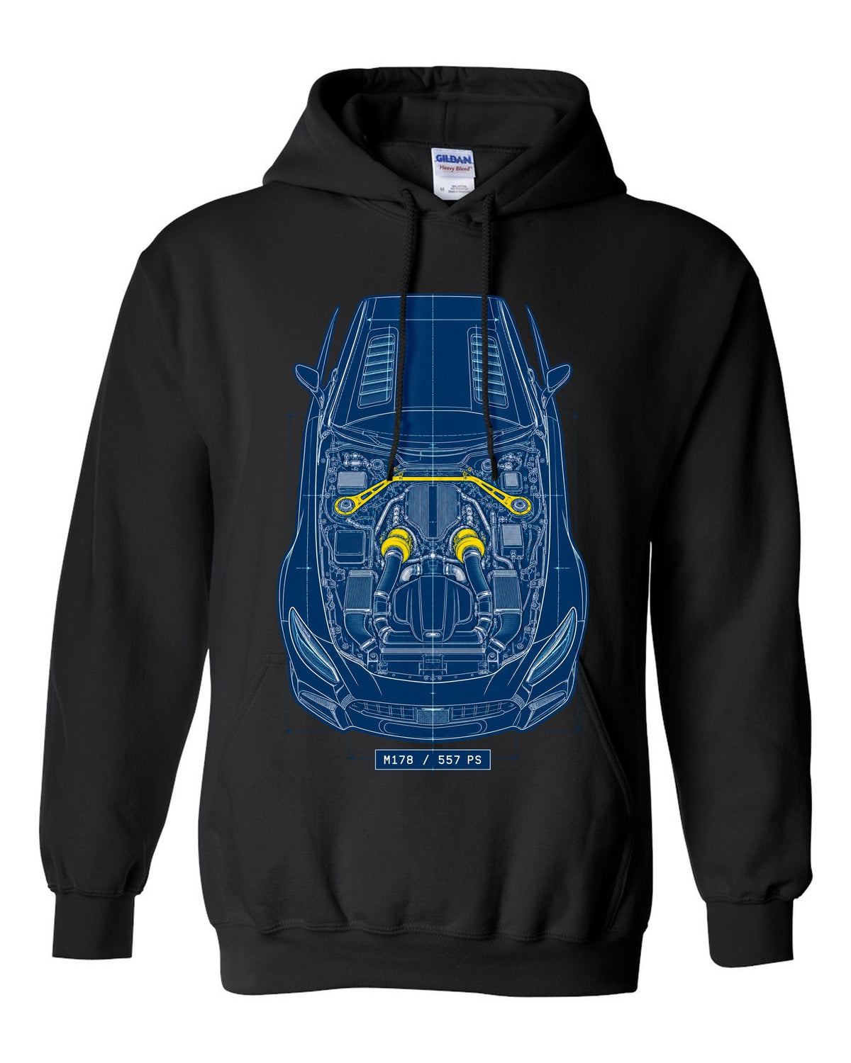 Neon synthwave illustration of Mercedes AMG GT R C190 tail lights with M178 4.0 Biturbo text black pull over hoodie front view with the design