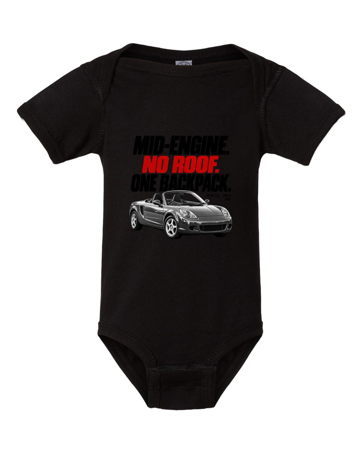 Halftone print of a Toyota MR2 Spyder W30 MR-S with the text Mid-Engine No Roof One Backpack black baby onesie front view with the design
