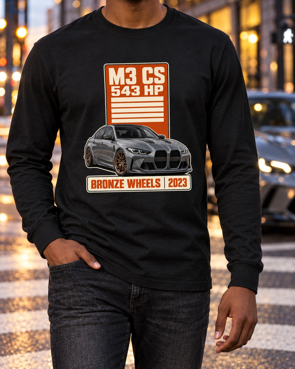 BMW M3 CS G80 Spec Poster Shirt, Bronze Wheels 2023 Tee Long Sleeve Black worn hero