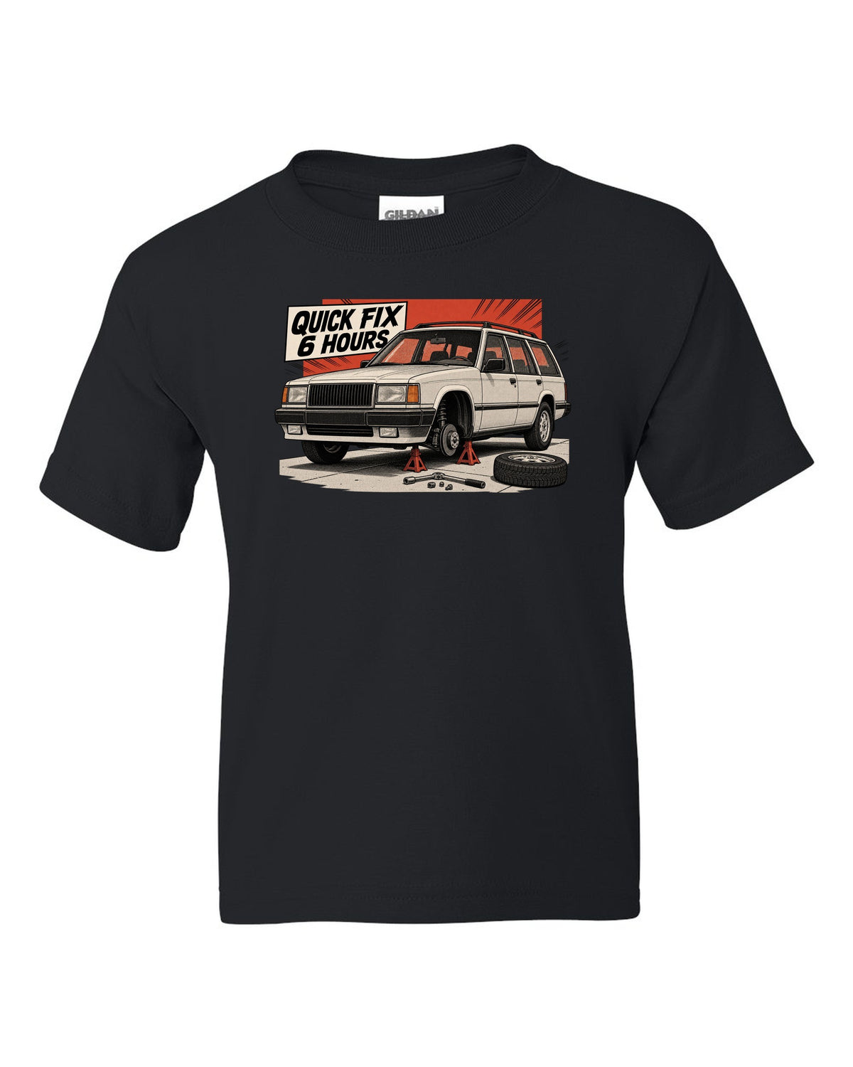 Retro manga halftone panel of a Jeep Cherokee XJ on jack stands with Quick Fix 6 Hours text black kids tee front view with the design