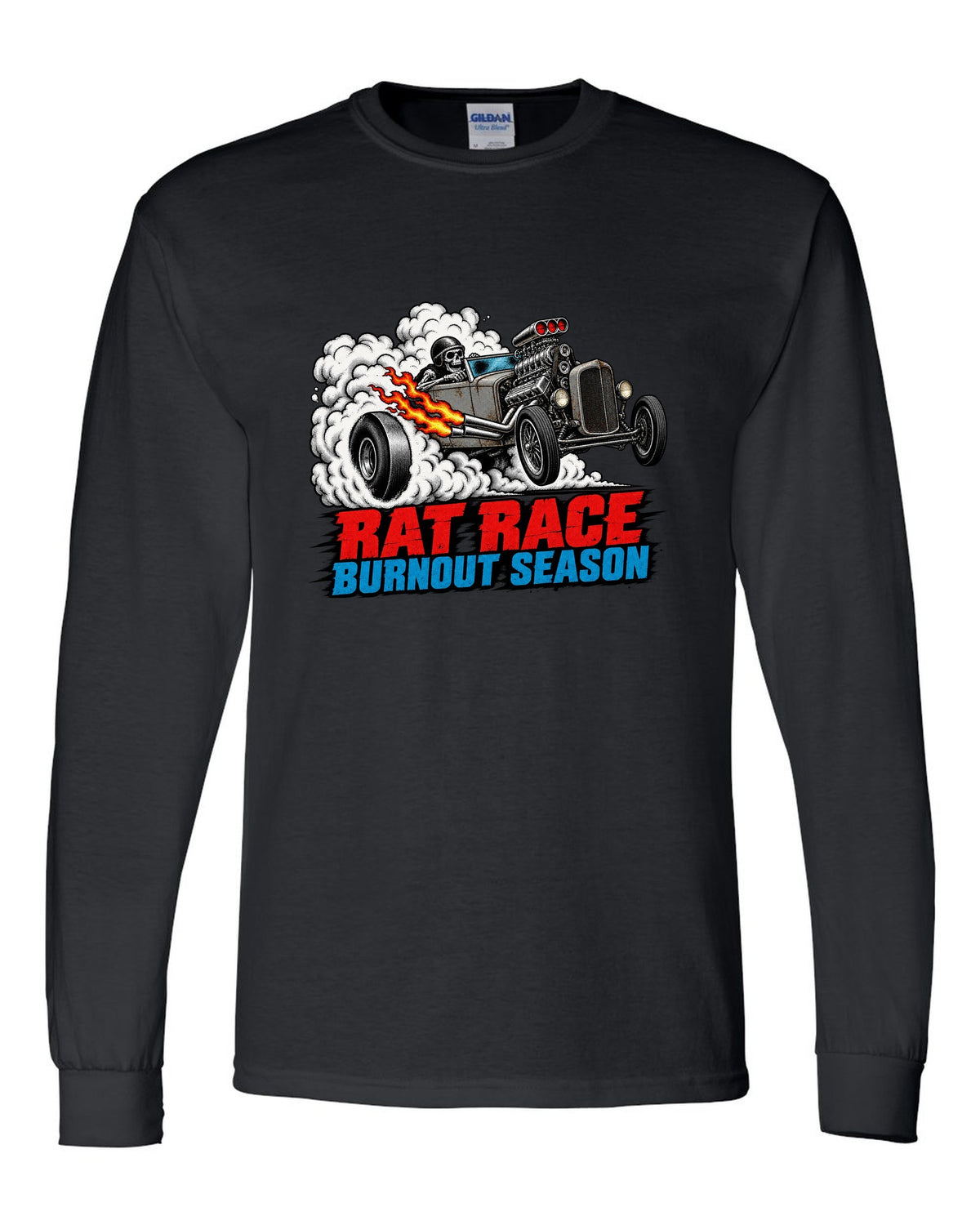 Halftone screenprint print of a primer-grey rat rod roadster in tyre smoke with Burnout Season lettering black long sleeve front view with the design