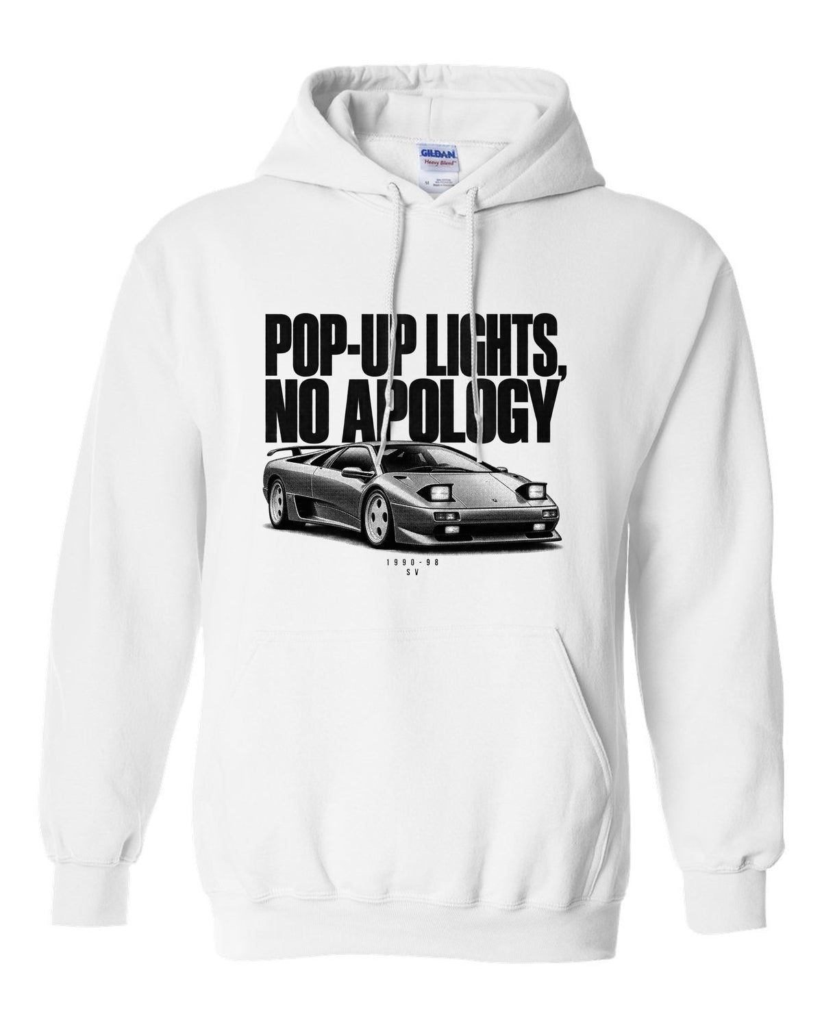 Halftone print of a Lamborghini Diablo SV with pop-up lights no apology text white pull over hoodie front view with the design