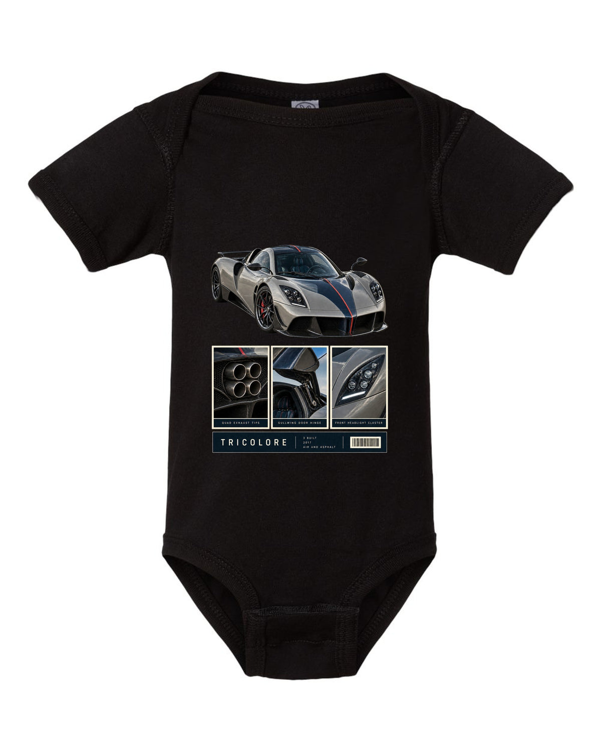 Dossier panel print of the Pagani Huayra Tricolore with the text Tricolore, 3 built, 2017, air and asphalt black baby onesie front view with the design