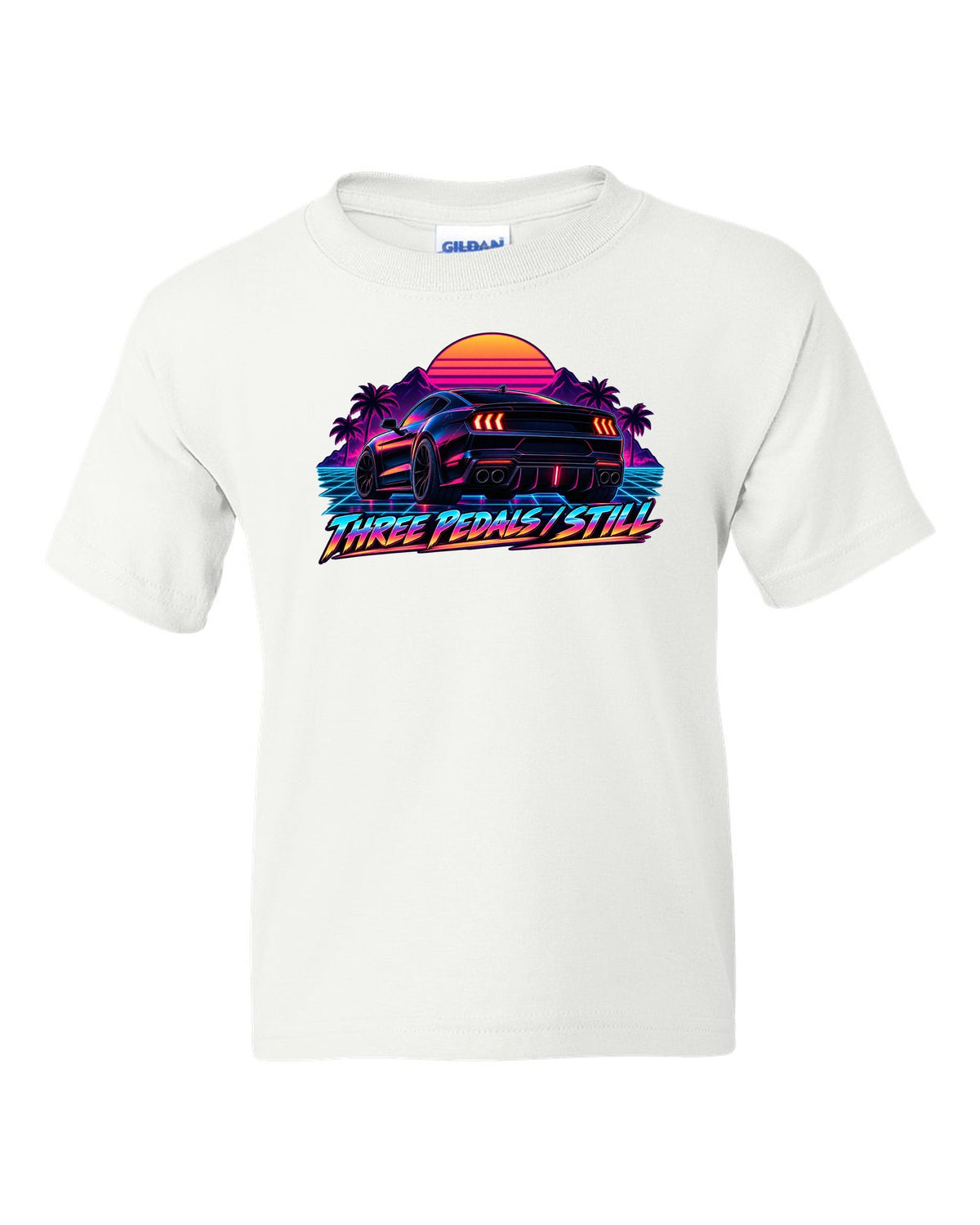 Synthwave outrun 2024 S650 Ford Mustang coupe with Three pedals still text white kids tee front view with the design