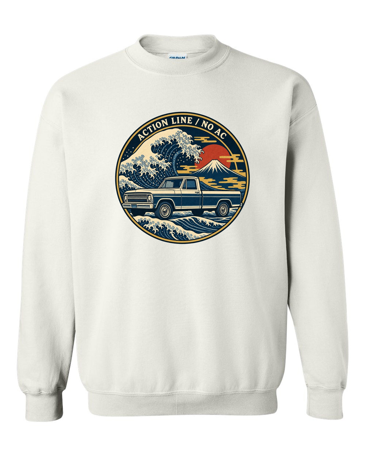 Ukiyo-e woodblock wave print of a 1967-72 Chevrolet C10 Action Line Fleetside with Action Line no AC lettering white crewneck front view with the design