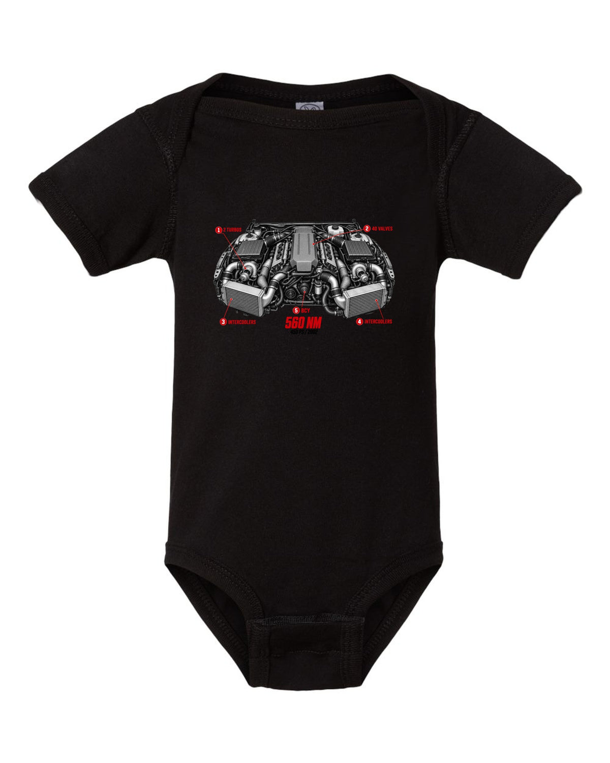 Audi RS6 Avant C5 BCY 4.2 biturbo engine with callouts and spec text black baby onesie front view with the design