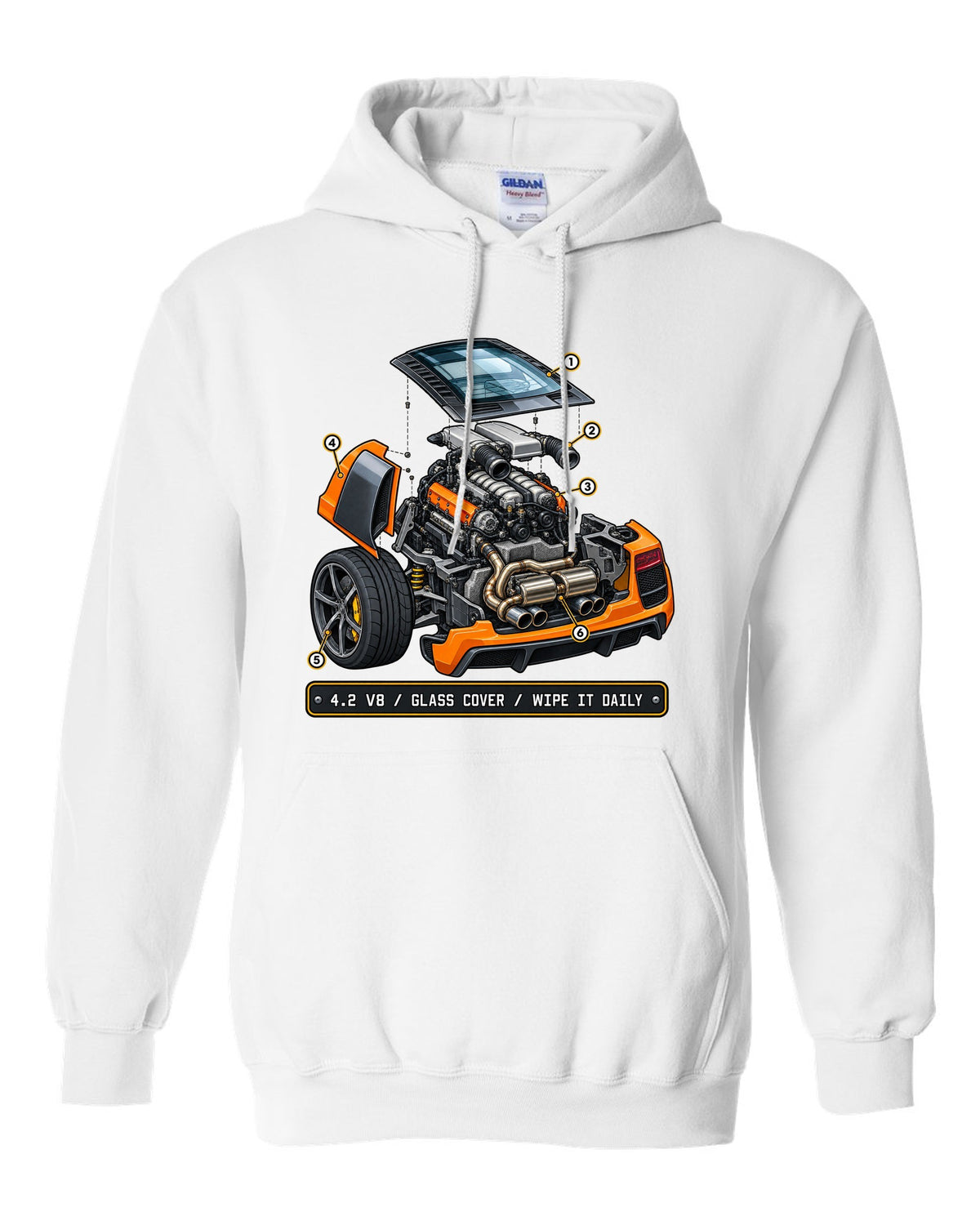 Isometric exploded view print of the Audi R8 Type 42 4.2 V8 with glass cover white pull over hoodie front view with the design