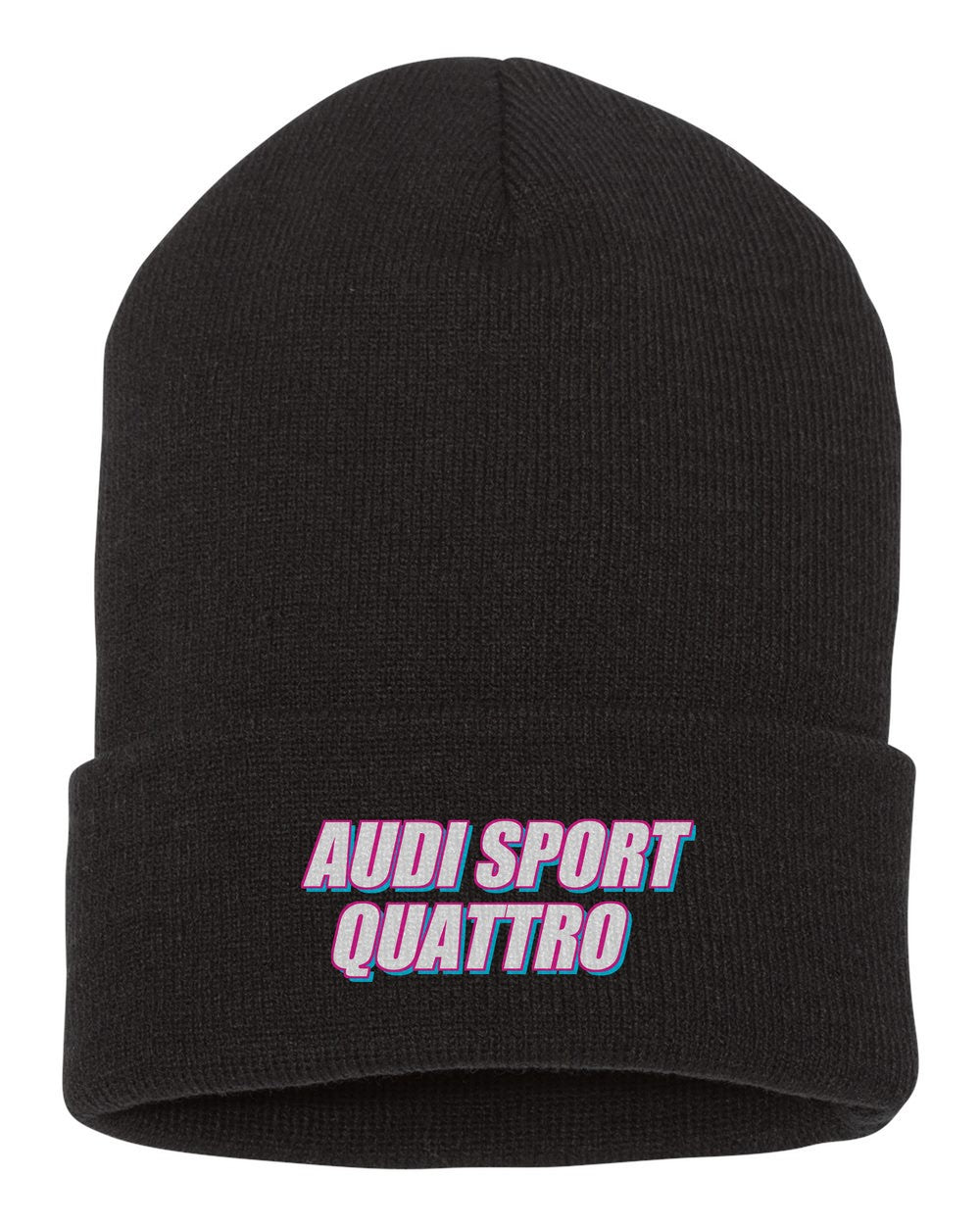 Audi Sport Quattro black beanie front view with car name
