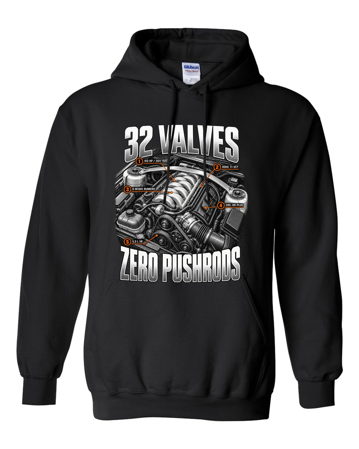 Engine hero print of a Ford Mustang S197 GT 5.0 Coyote engine, 2011-14 black pull over hoodie front view with the design