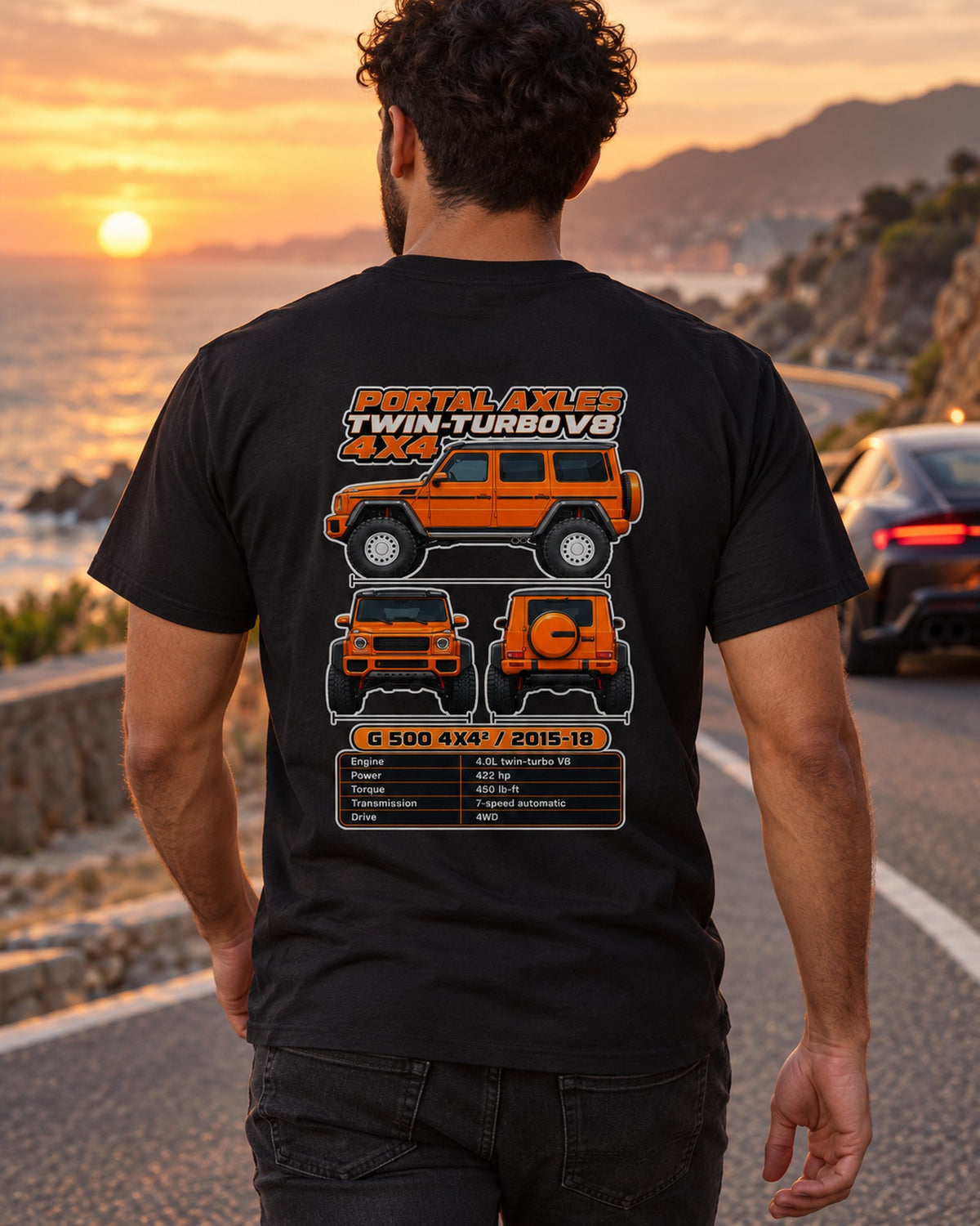 Mercedes G500 4X4 Squared Spec Sheet Full-Back Graphic Tee T-Shirt Black worn hero
