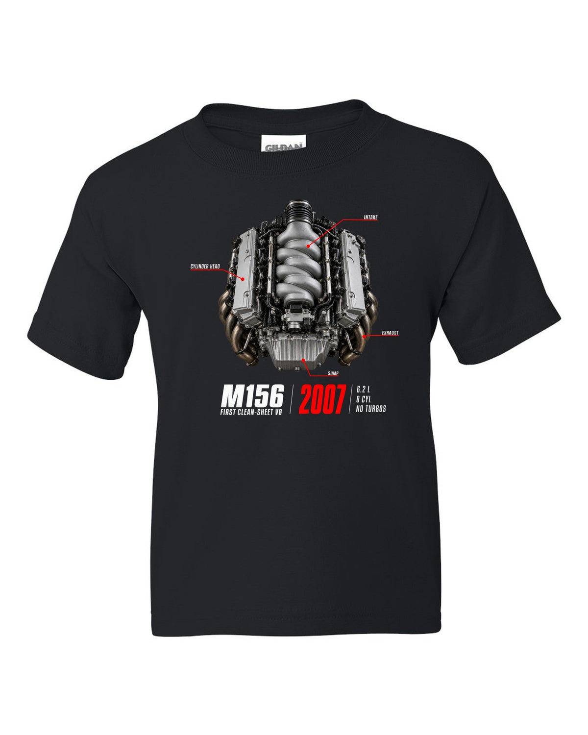 Mercedes C63 AMG W204 M156 V8 engine hero print with first clean-sheet V8 text black kids tee front view with the design