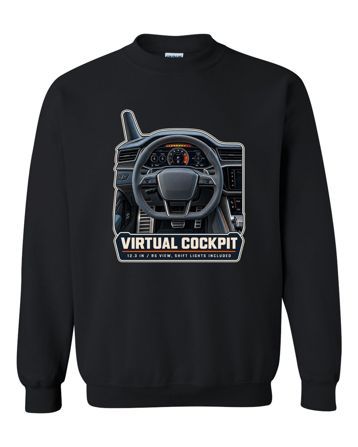 Audi RS7 Sportback C8 virtual cockpit gauge cluster print design black crewneck front view with the design