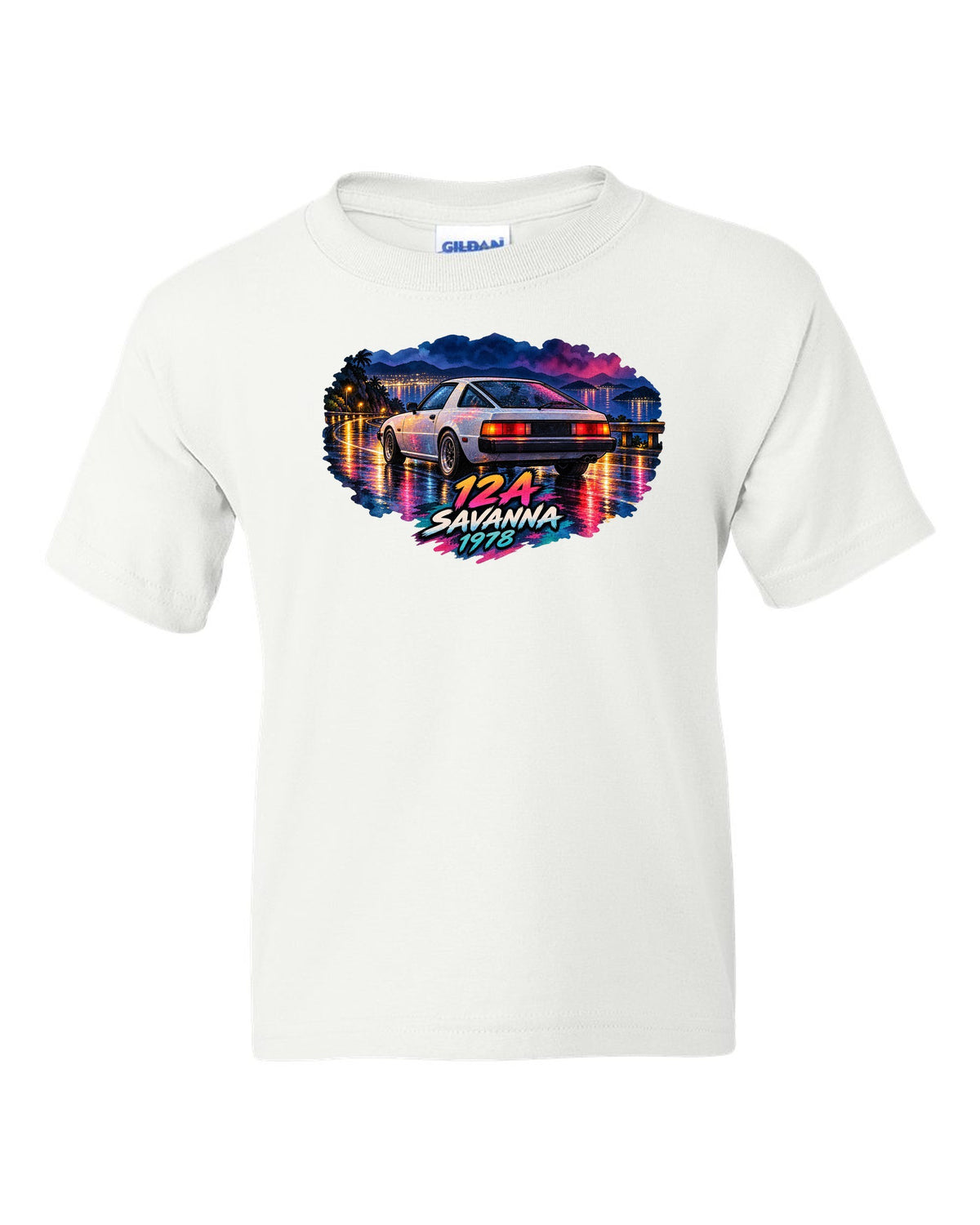 Watercolour wet road night print of a Mazda Savanna RX-7 SA22C with text 12A, Savanna, 1978 white kids tee front view with the design