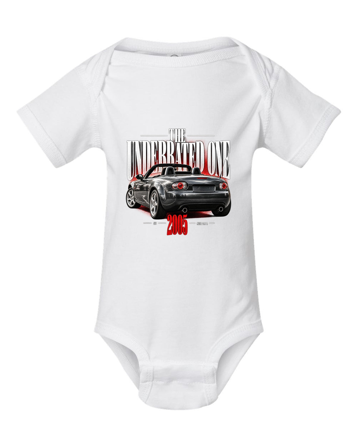 Editorial headline print of a Mazda MX-5 NC with underrated generation lettering white baby onesie front view with the design