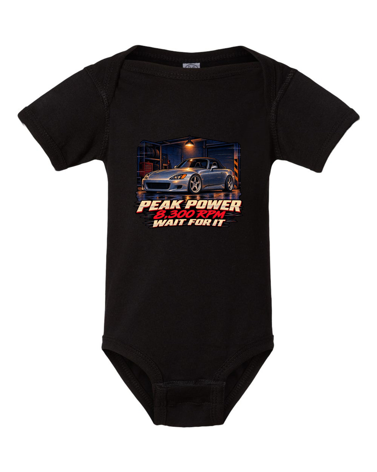 Lo-fi VHS cover style print of a Honda S2000 AP1 with 8,300 RPM wait for it text black baby onesie front view with the design