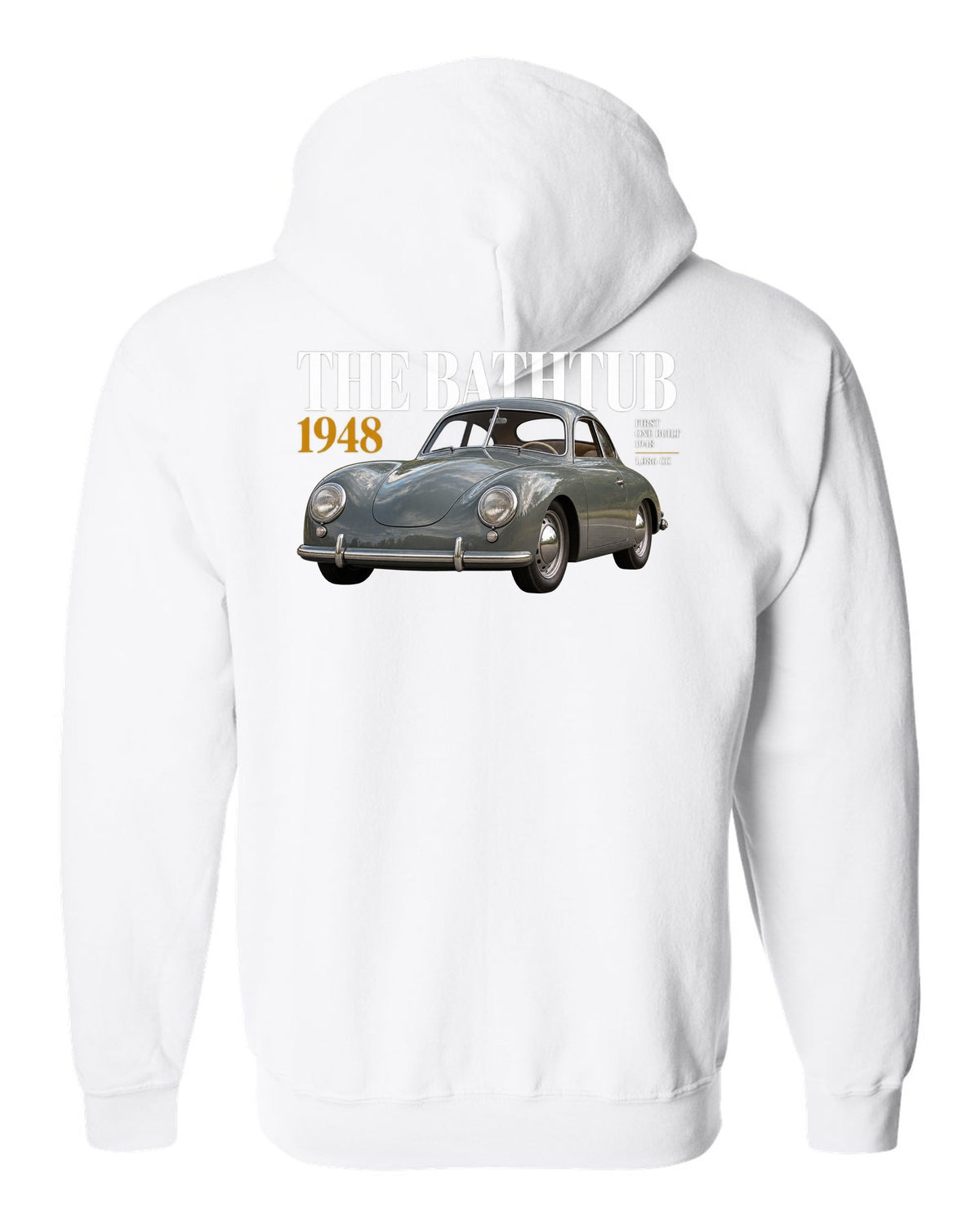 Editorial headline print of the 1948 Porsche 356 Pre-A coupe nicknamed the Bathtub white zip hoodie back view with the design