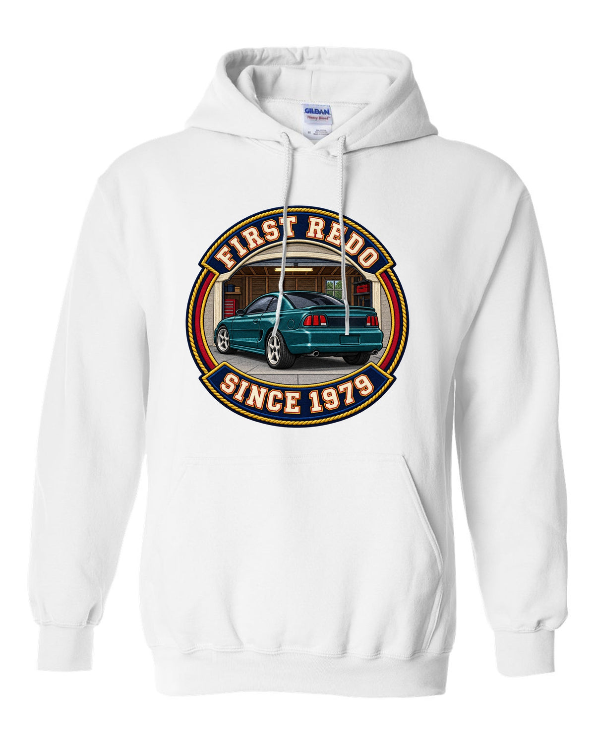 Embroidery-style varsity crest print for a 1994-98 Ford Mustang SN95 white pull over hoodie front view with the design