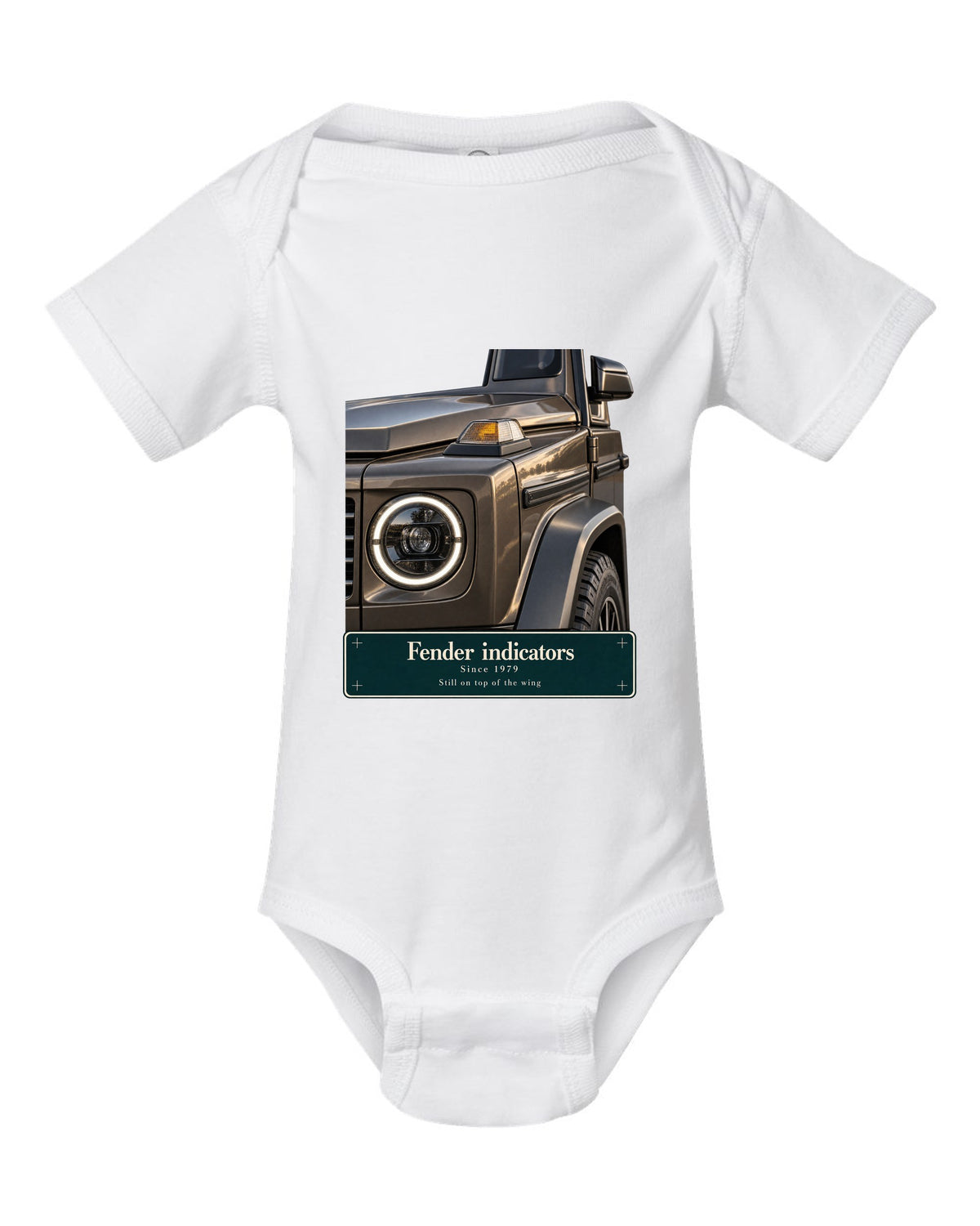 Round fender lamp macro print of a Mercedes-AMG G63 W463A white baby onesie front view with the design