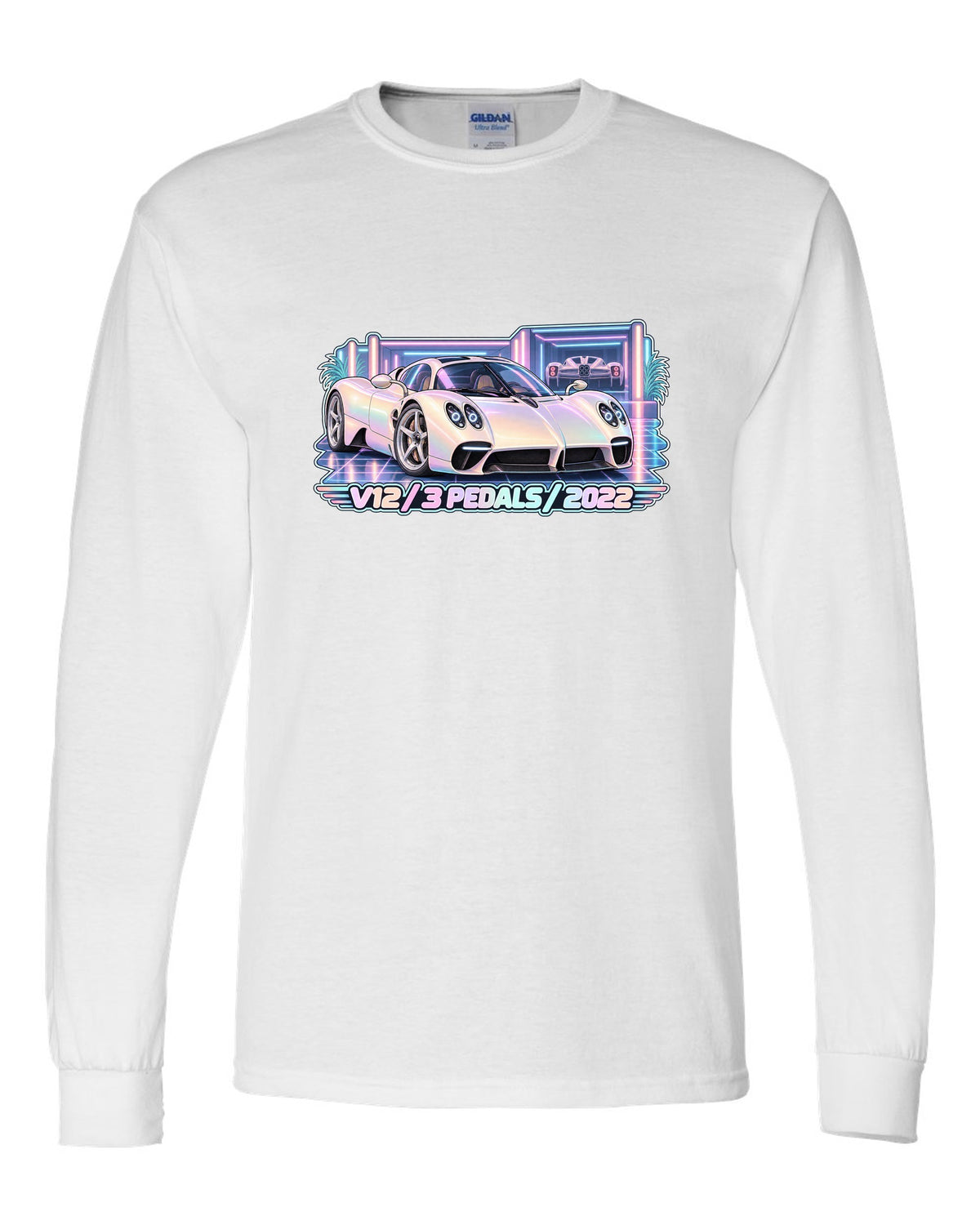 Pastel vaporwave garage illustration of a Pagani Utopia with V12 3 PEDALS 2022 lettering white long sleeve front view with the design