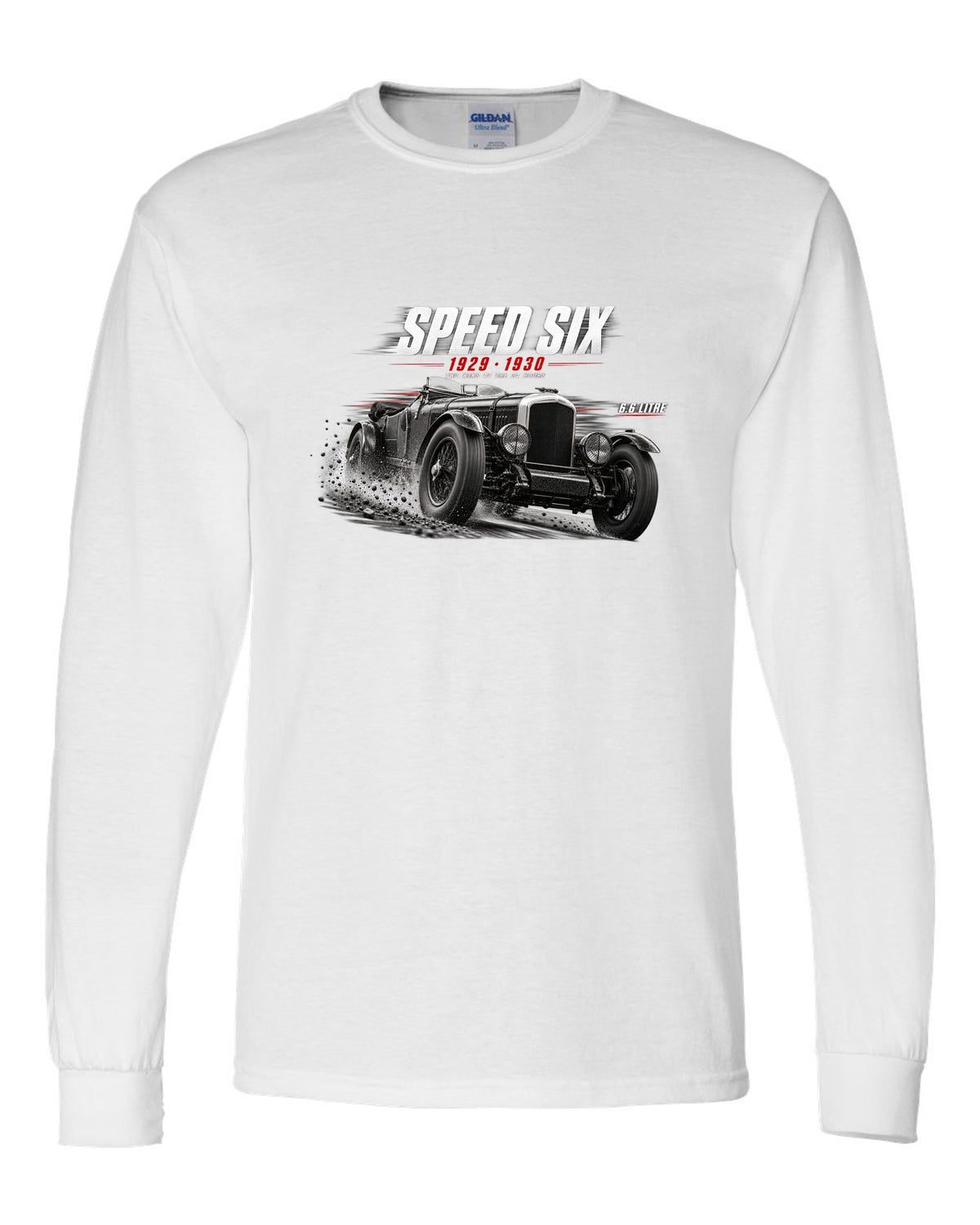 Bentley Speed Six Le Mans race poster 1929 and 1930 white long sleeve front view with the design
