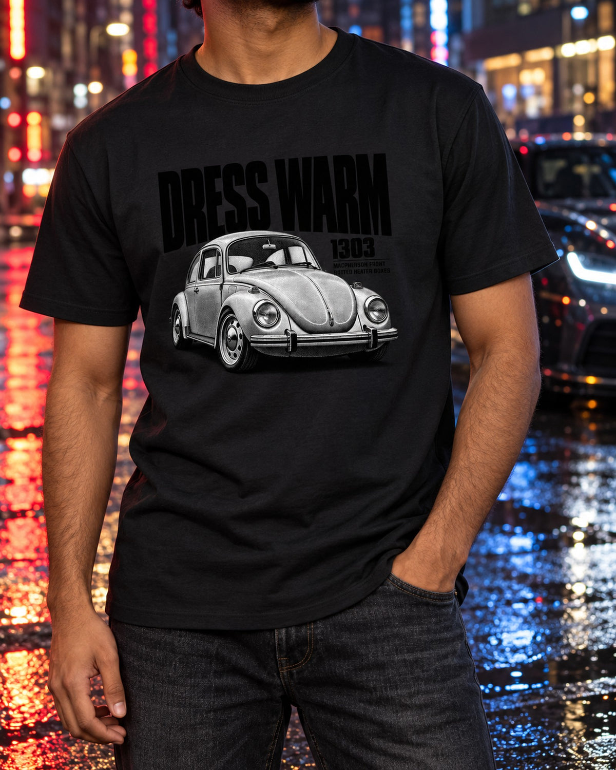VW Beetle Type 1 1303 Dress Warm Halftone Tee, Heater Box Joke T-Shirt Black worn hero
