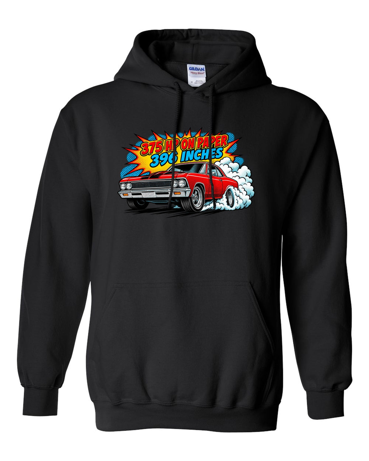 Comic halftone print of a 1966 Chevelle Malibu SS burnout with the text 375 HP on paper, 396 inches black pull over hoodie front view with the design
