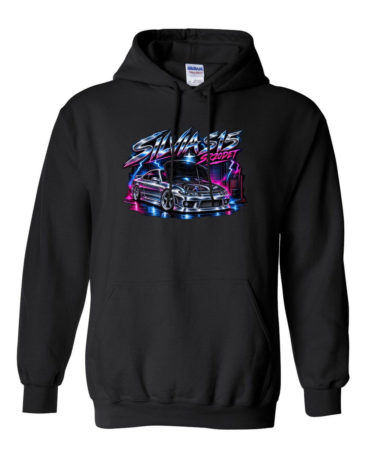 Airbrush chrome poster print of a Nissan Silvia S15 with SR20DET lettering black pull over hoodie front view with the design