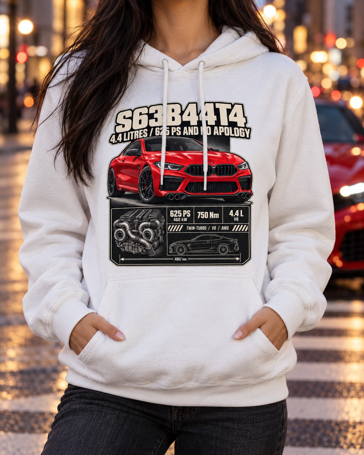 BMW M8 Competition F92 S63 Spec Poster Shirt Pull Over Hoodie White worn hero