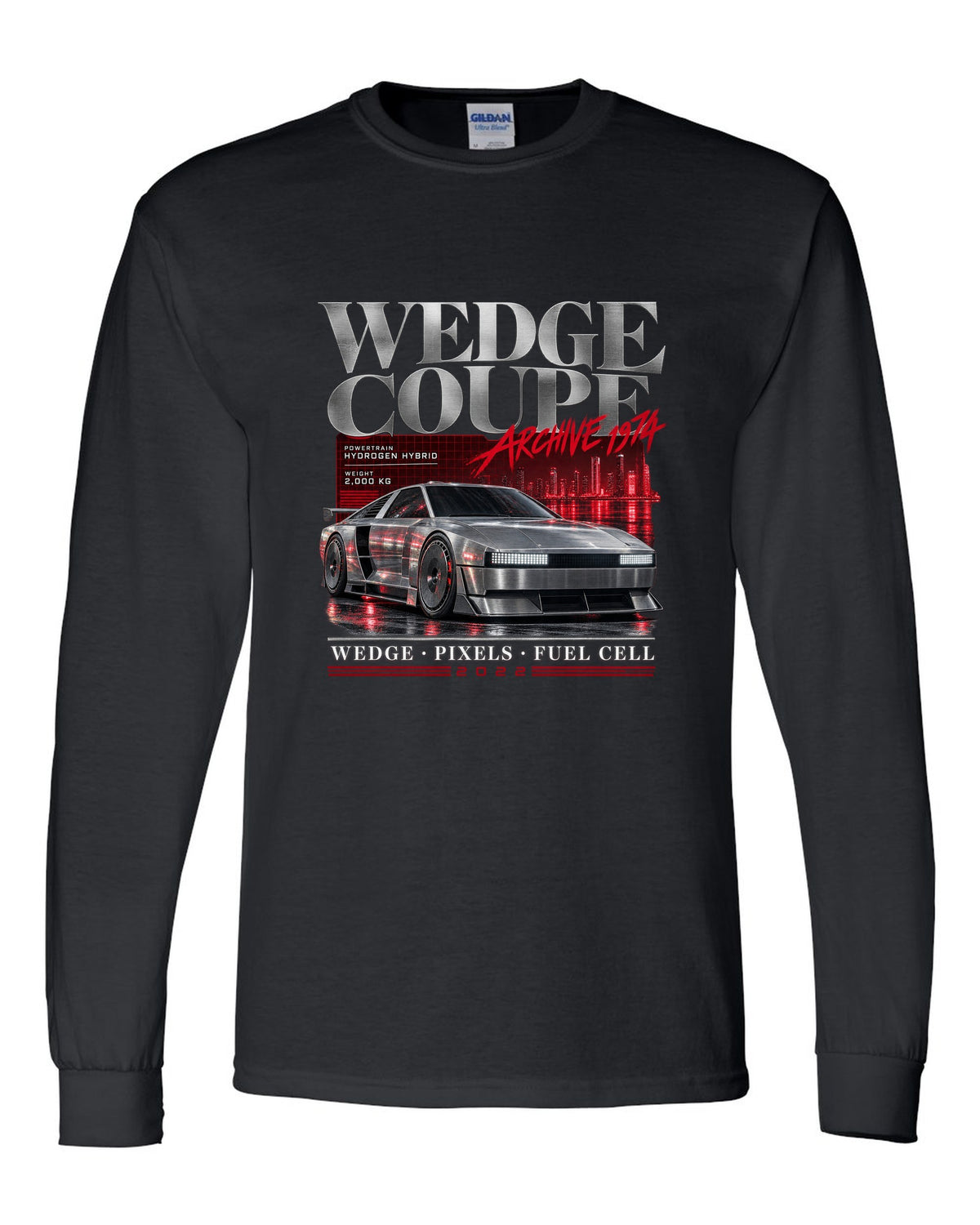Hyundai N Vision 74 archive panel print with wedge coupe and hydrogen hybrid text black long sleeve front view with the design