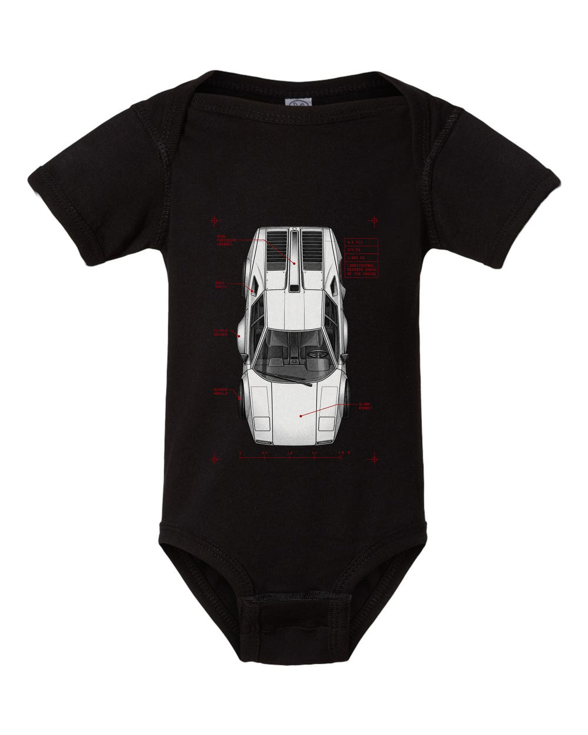 Spec poster print of a Lamborghini Countach LP400 with 4.0 V12 375 PS and 1,065 kg text black baby onesie front view with the design