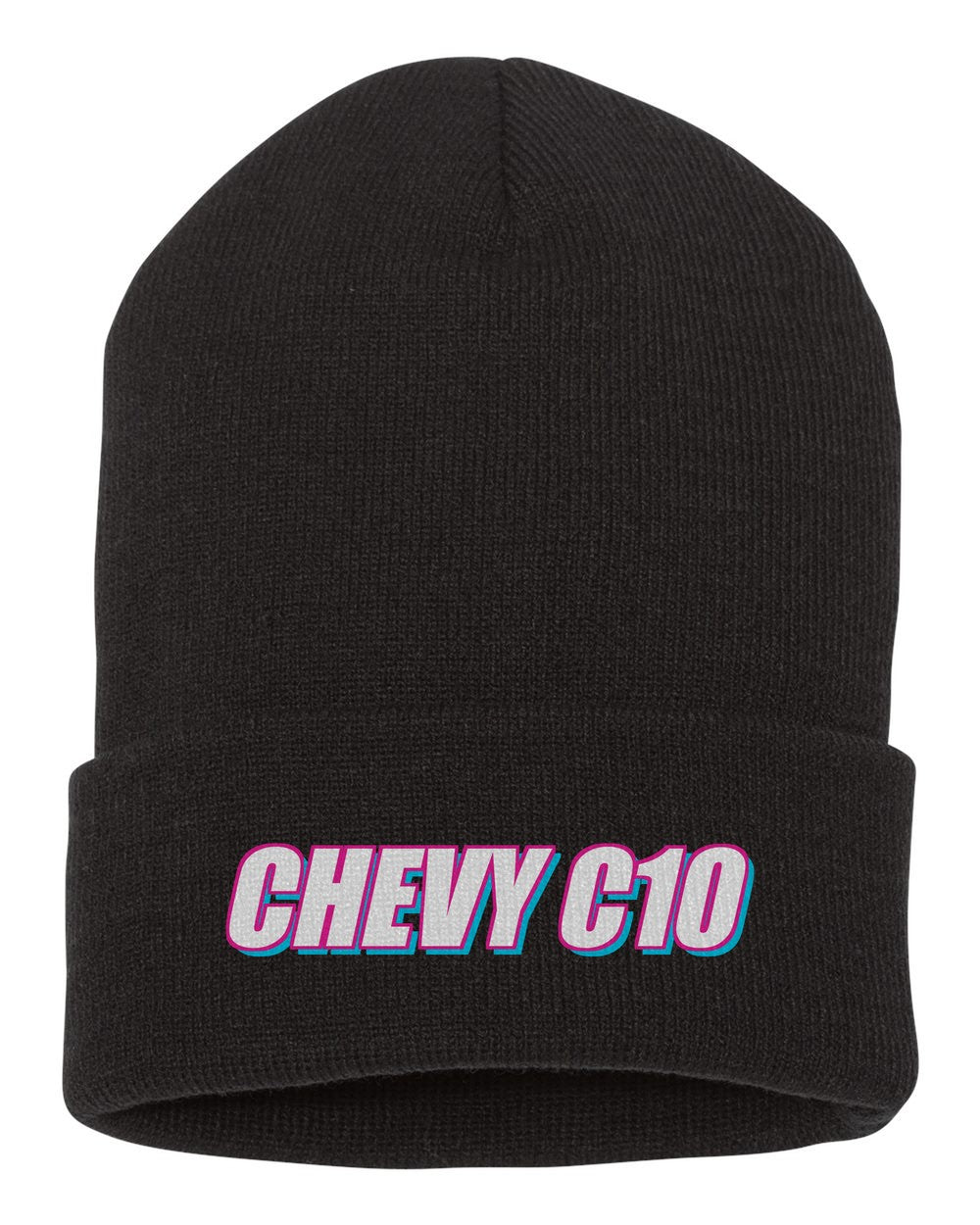 Chevy C10 black beanie front view with car name